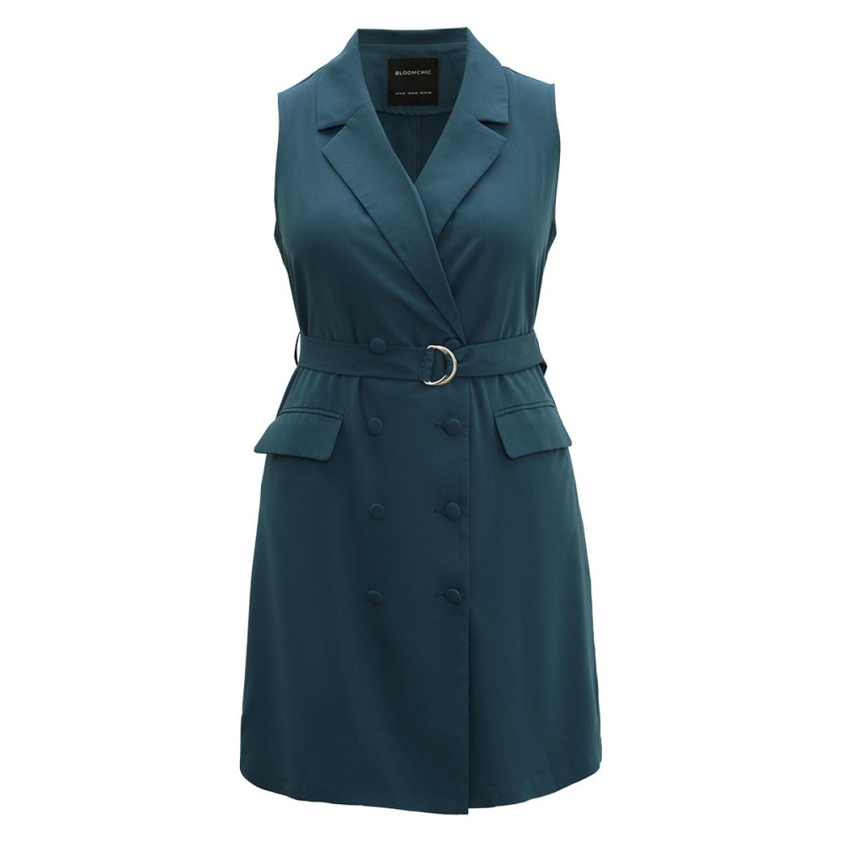 Plus Size Plain Belted Lapel Collar Sleeveless Blazer Aegean Women Work Plain Plain Sleeveless Sleeveless Lapel Collar 12/L Pocket Belt Office Blazers BloomChic Product Image