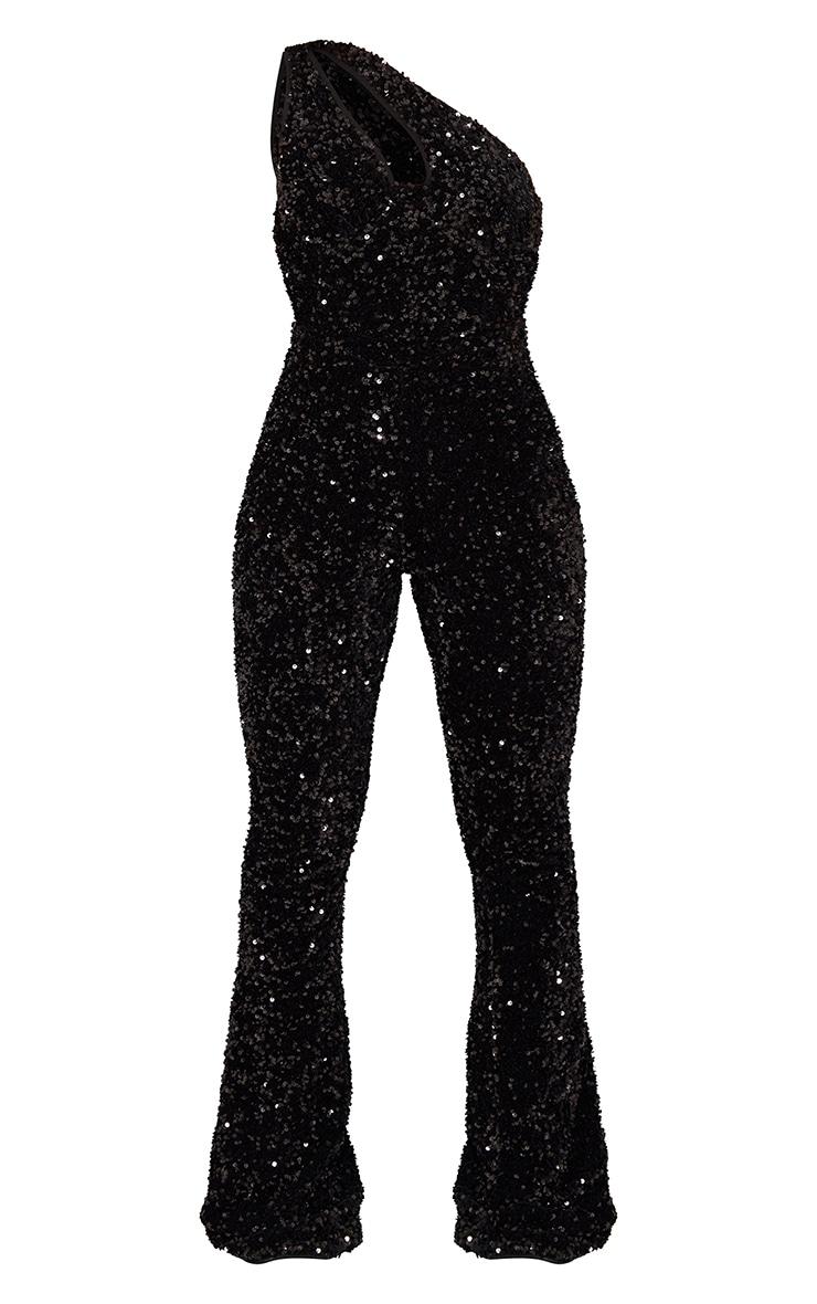 Black Sequin Cup Detail One Shoulder Jumspuit Product Image