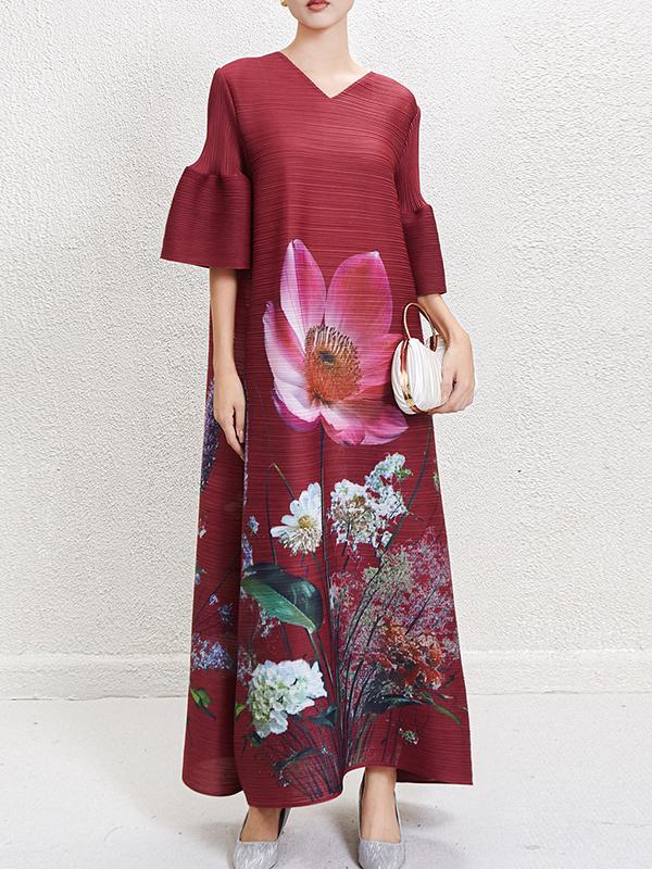 A-Line Flared Sleeves Flower Print Pleated V-Neck Maxi Dresses Product Image