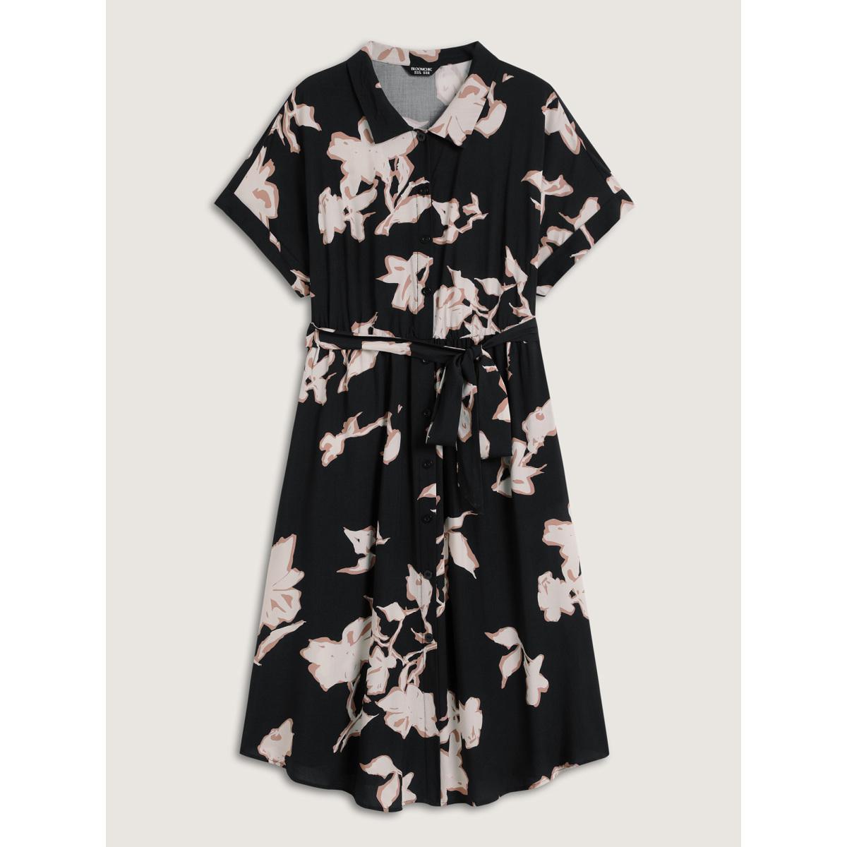 Plus Size Rayon Floral Stretchy Waist Pockets Midi Dress BlackFlower Women Shirt collar Short sleeve Curvy BloomChic 28/5X Product Image