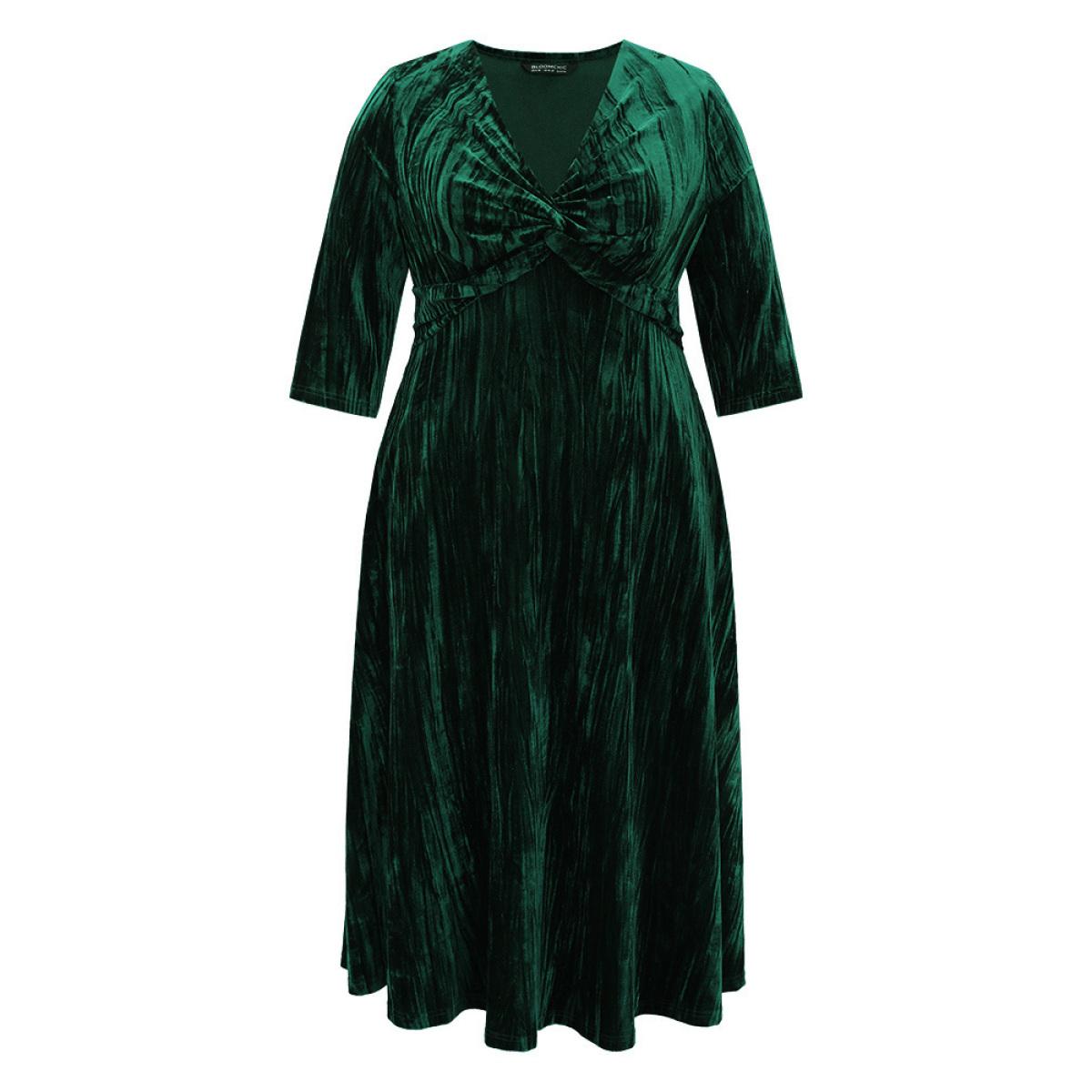 Plus Size Plain Velvet V Neck Twist Front Dress DarkGreen Women Cocktail Velvet V-neck Elbow-length sleeve Curvy Midi Dress BloomChic 14-16/1X Product Image