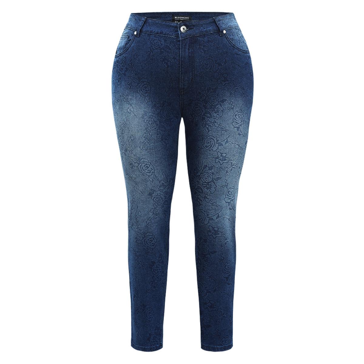 Plus Size Very Stretchy Rose Print Dark Wash Jeans Women DarkBlue Casual Floral Zipper High stretch Pocket Jeans BloomChic 14/1X Product Image