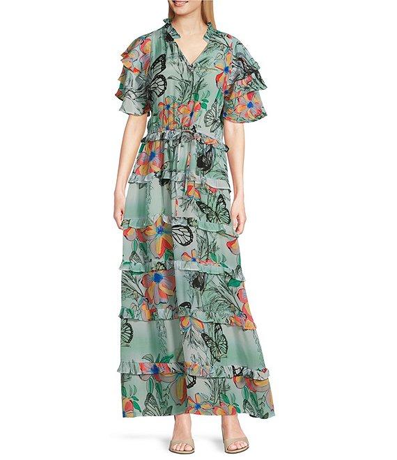 APNY Woven Floral Print V-Neck Short Sleeve Ruffle Tiered Maxi A-Line Dress Product Image