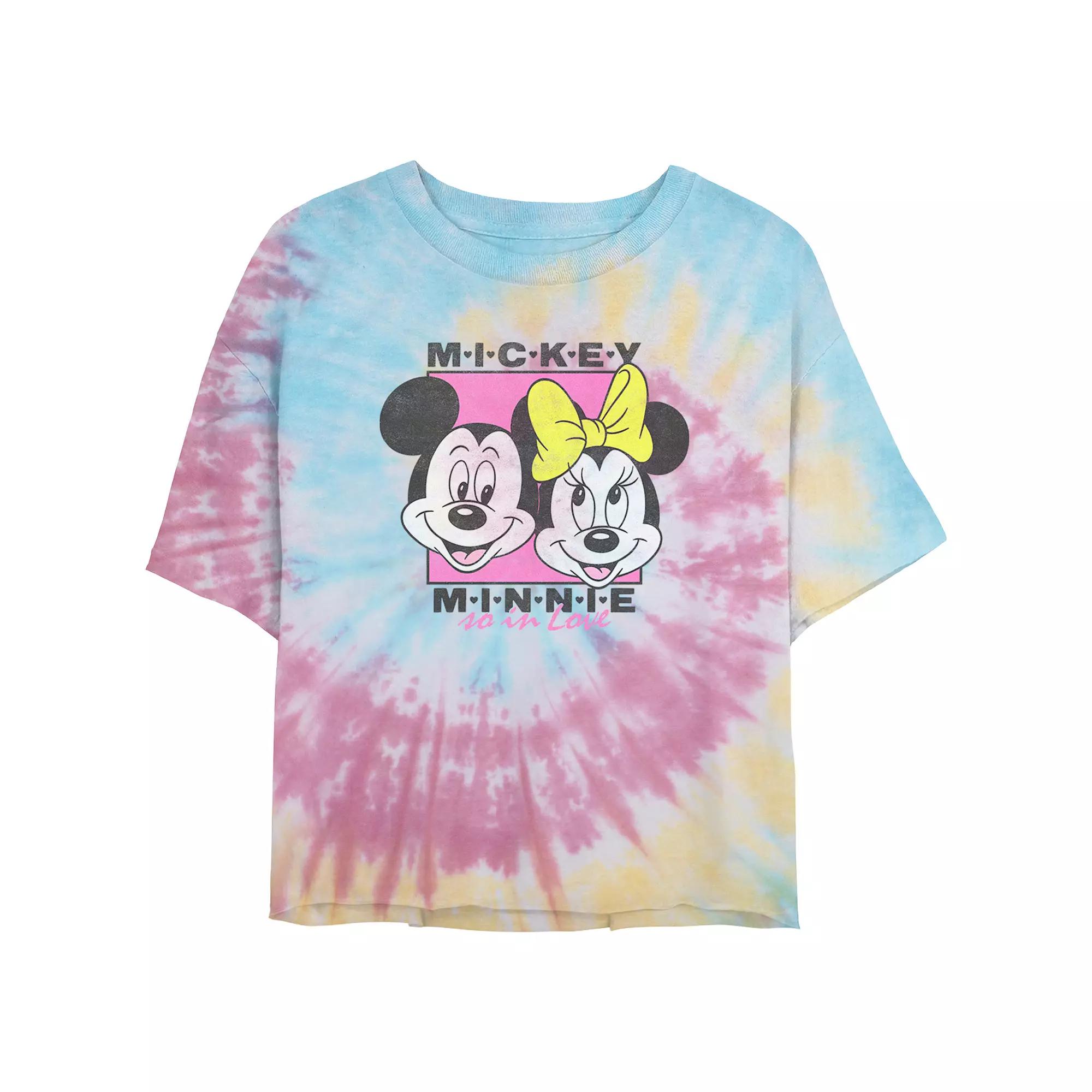 Disney's Mickey Mouse And Minnie In Love Juniors' Cropped Tie Dye Graphic Tee, Women's, Size: Medium, Blue Pink Light Yellow Product Image