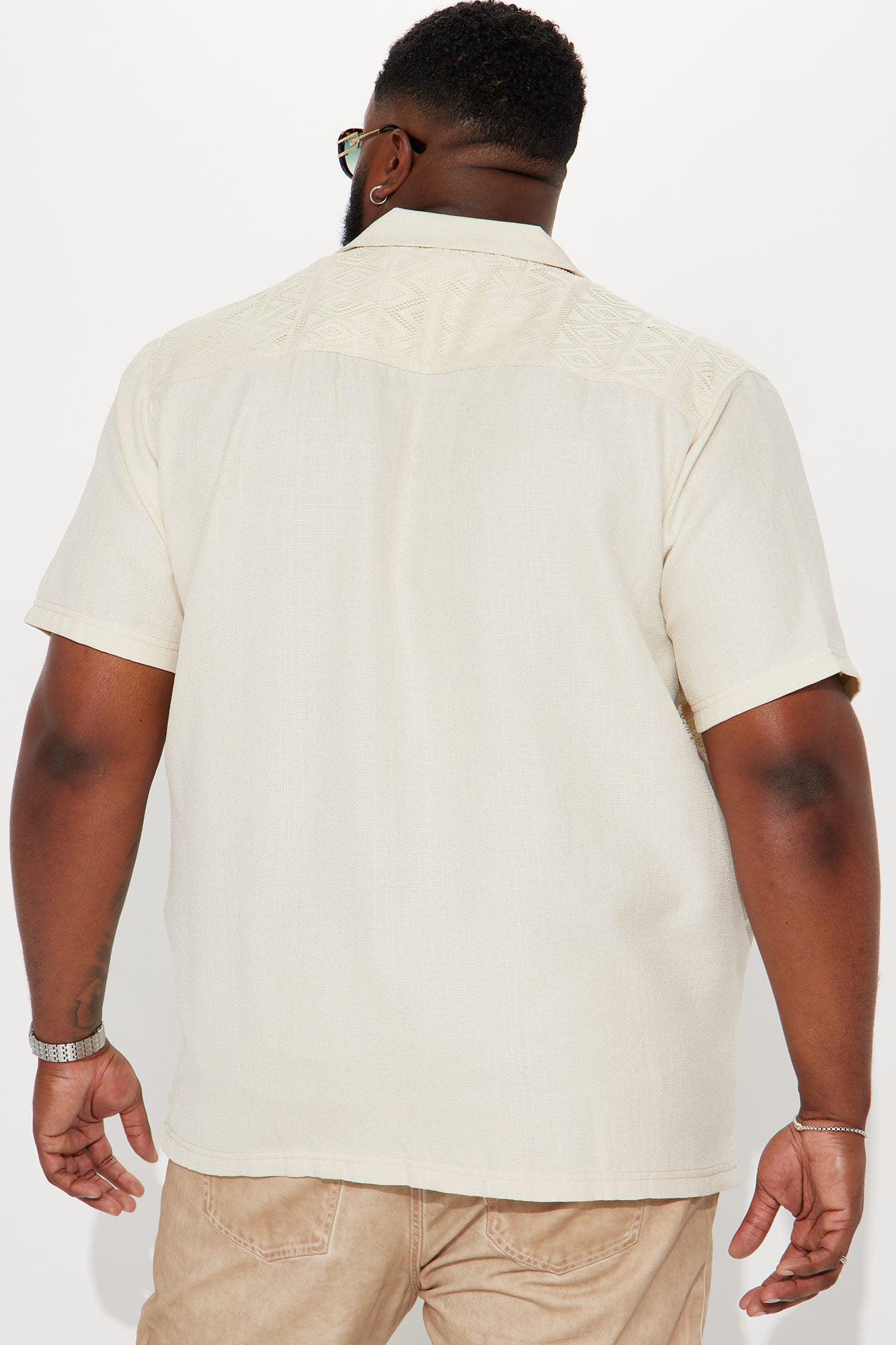 Half Crochet Pattern Short Sleeve Button Up Shirt - Cream Product Image