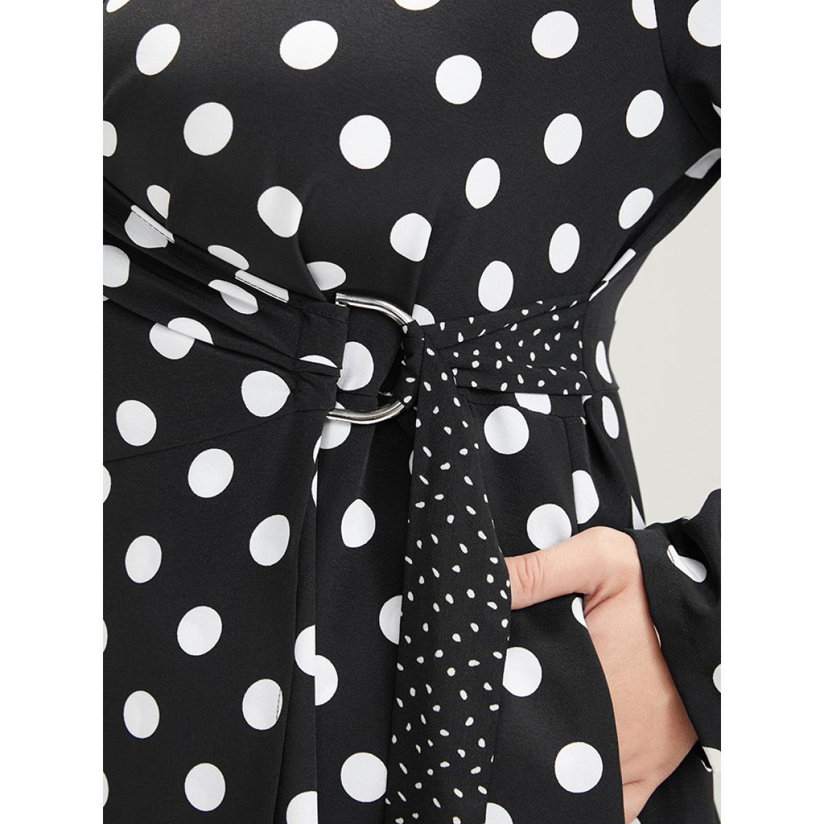 Plus Size Polka Dot Surplice Neck Tie Side Pocket Ruffle Hem Dress Black Women Elegant Wrap V-neck Long Sleeve Curvy Midi Dress BloomChic 12/L Product Image
