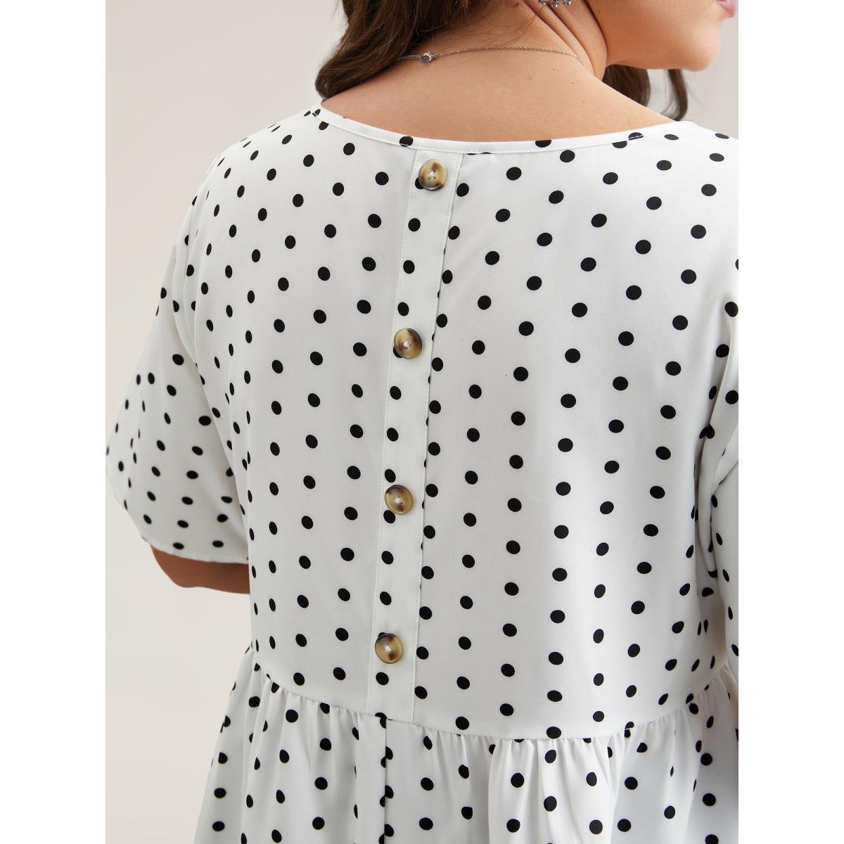 Plus Size Originalwhite Polka Dot Button-Back Flared Shirt Women Retro Short sleeve Round Neck Elegant Blouses BloomChic 30/6X Product Image