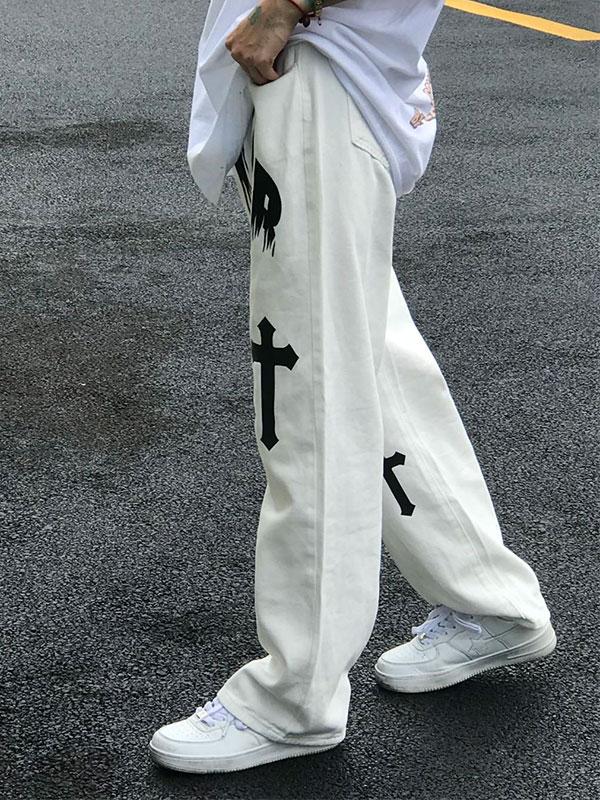 Men's White Wash Cross Pattern Straight Leg Jeans Product Image