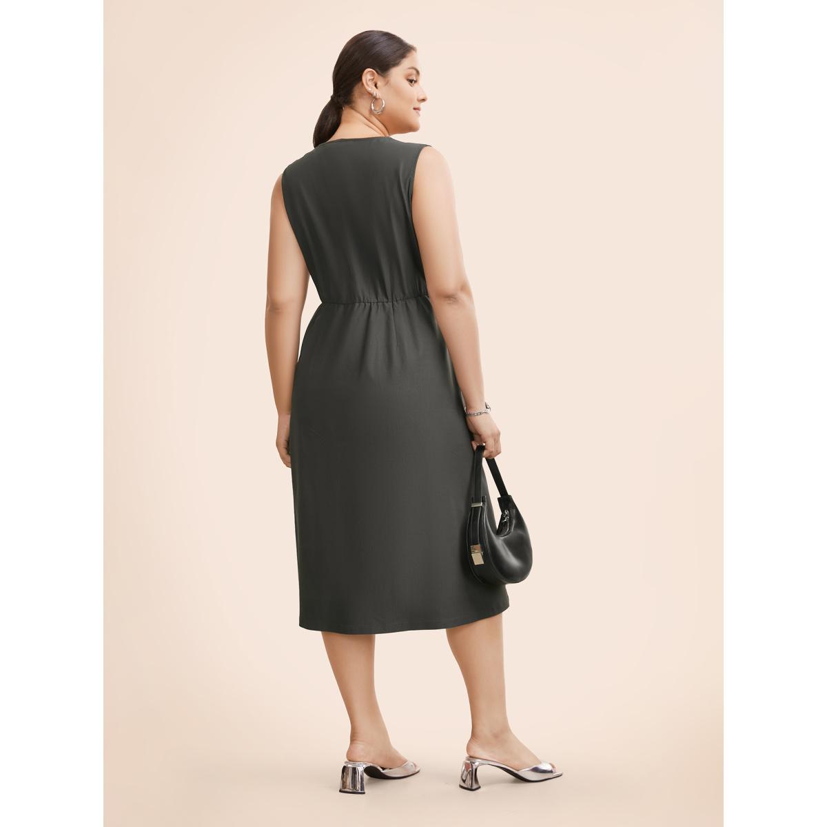 Plus Size Stretch Woven Double Breasted Wrap Dress DarkGray Women At the Office Button Overlap Collar Sleeveless Curvy BloomChic 14-16/1X Product Image