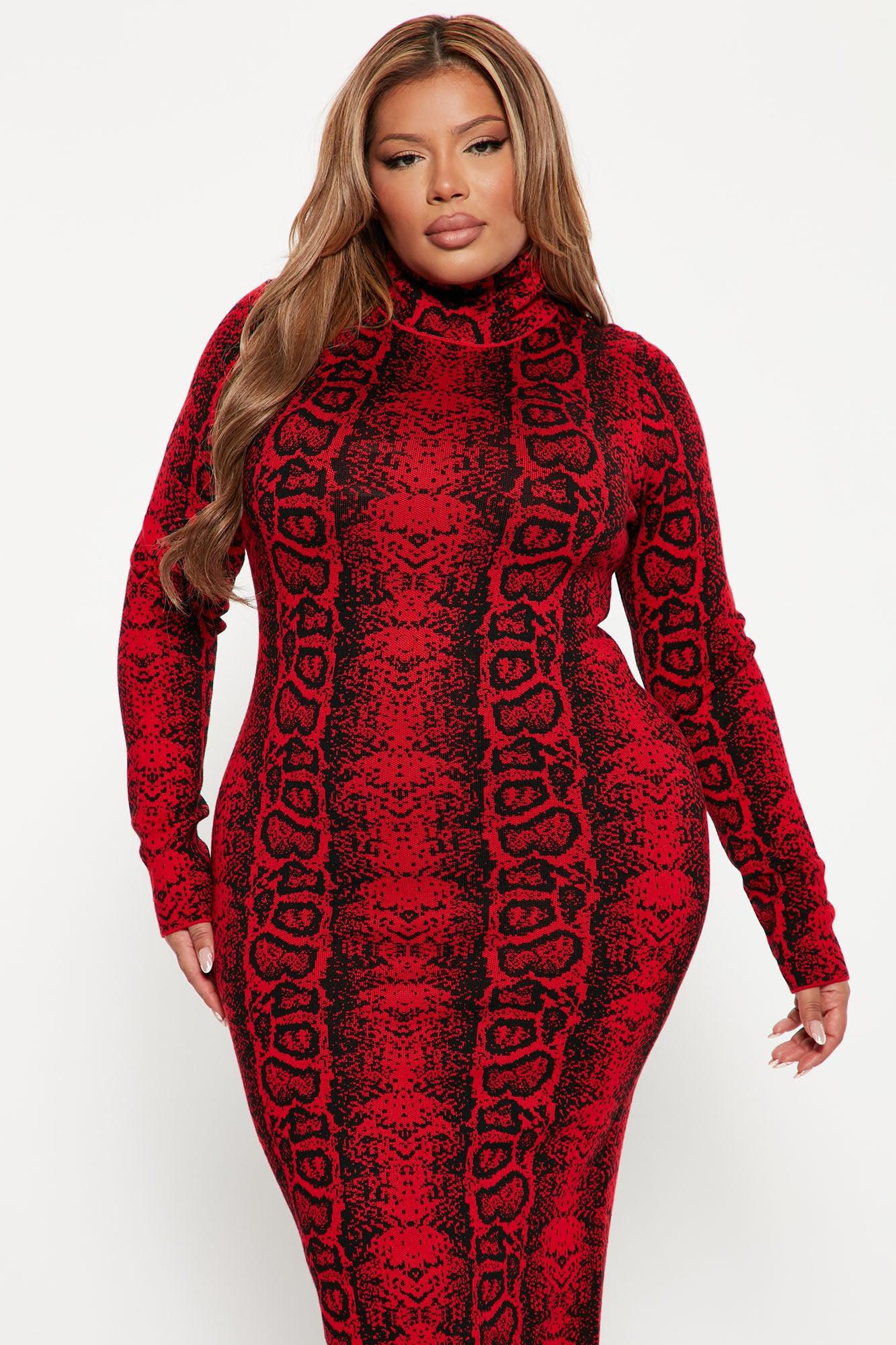 Saucy Snake Sweater Midi Dress - Red/Black Product Image