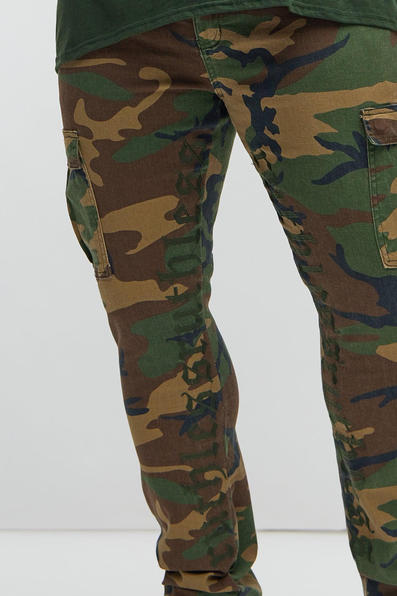 Ruthless Embroidered Stacked Skinny Cargo Flare Pants - Camouflage Product Image
