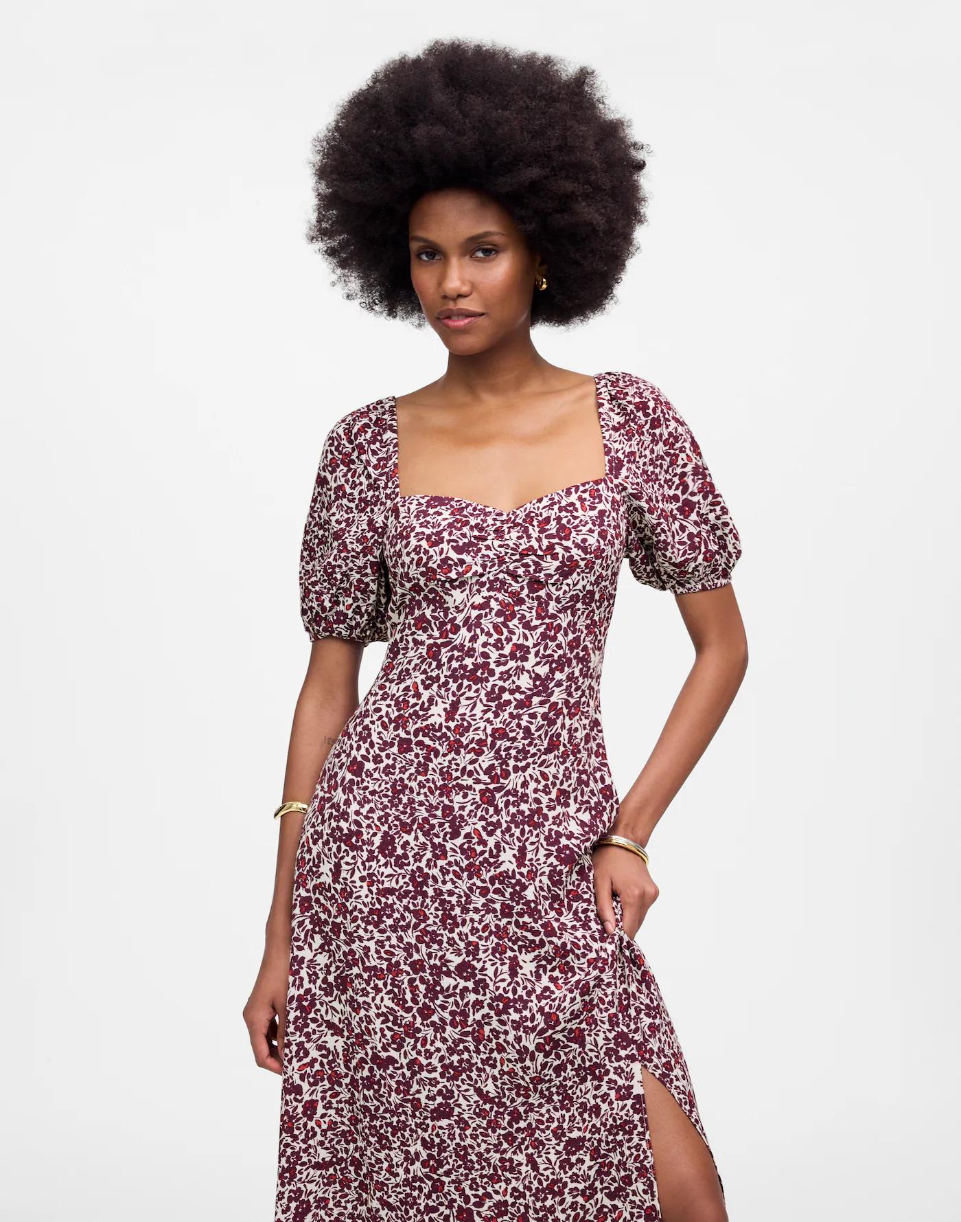 Puff Sleeve Sweetheart Midi Dress in Floral Product Image