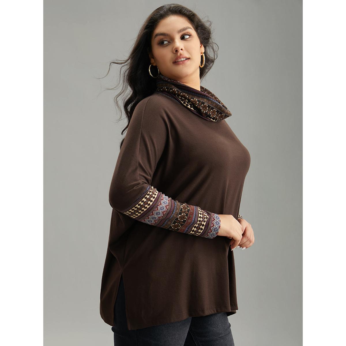 Plus Size Bandana Print Patchwork Turtle Neck T-shirt DarkBrown Women Casual Printed Bohemian Print Turtleneck Dailywear T-shirts BloomChic 26/4X Product Image