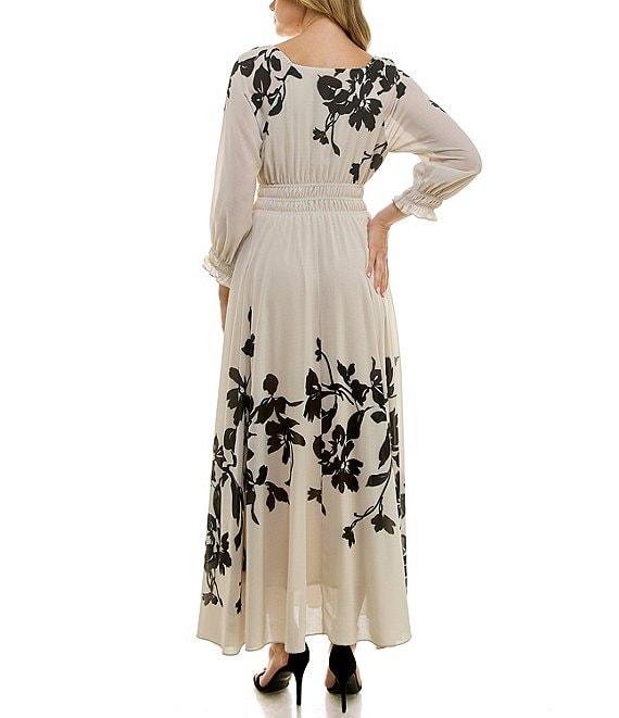 Taylor Floral Print Chiffon V-Neck Long Ruffle Cuff Sleeve Fit & Flare Maxi Dress Product Image