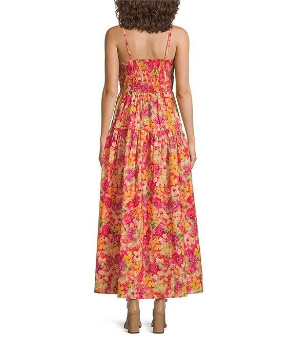 Skies Are Blue Floral Print Sweetheart Neck Sleeveless Smocked Bust Maxi Dress Product Image