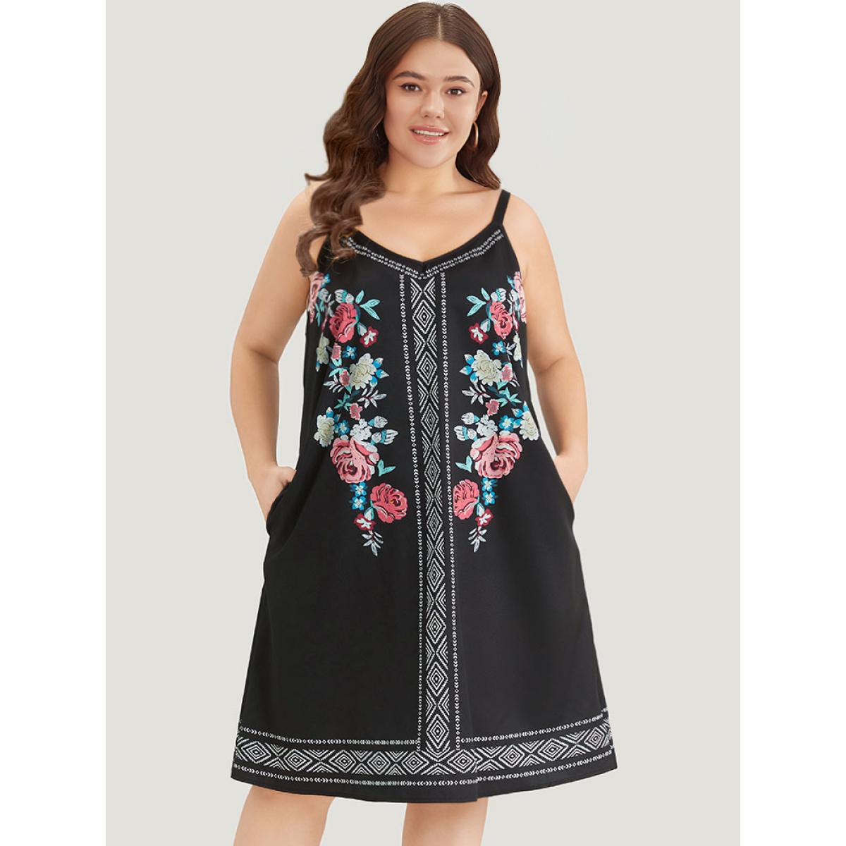 Plus Size Boho Print Pocket Cami Knee Dress Black Women Vacation Printed Spaghetti Strap Sleeveless Curvy Knee Dress BloomChic 10/M Product Image
