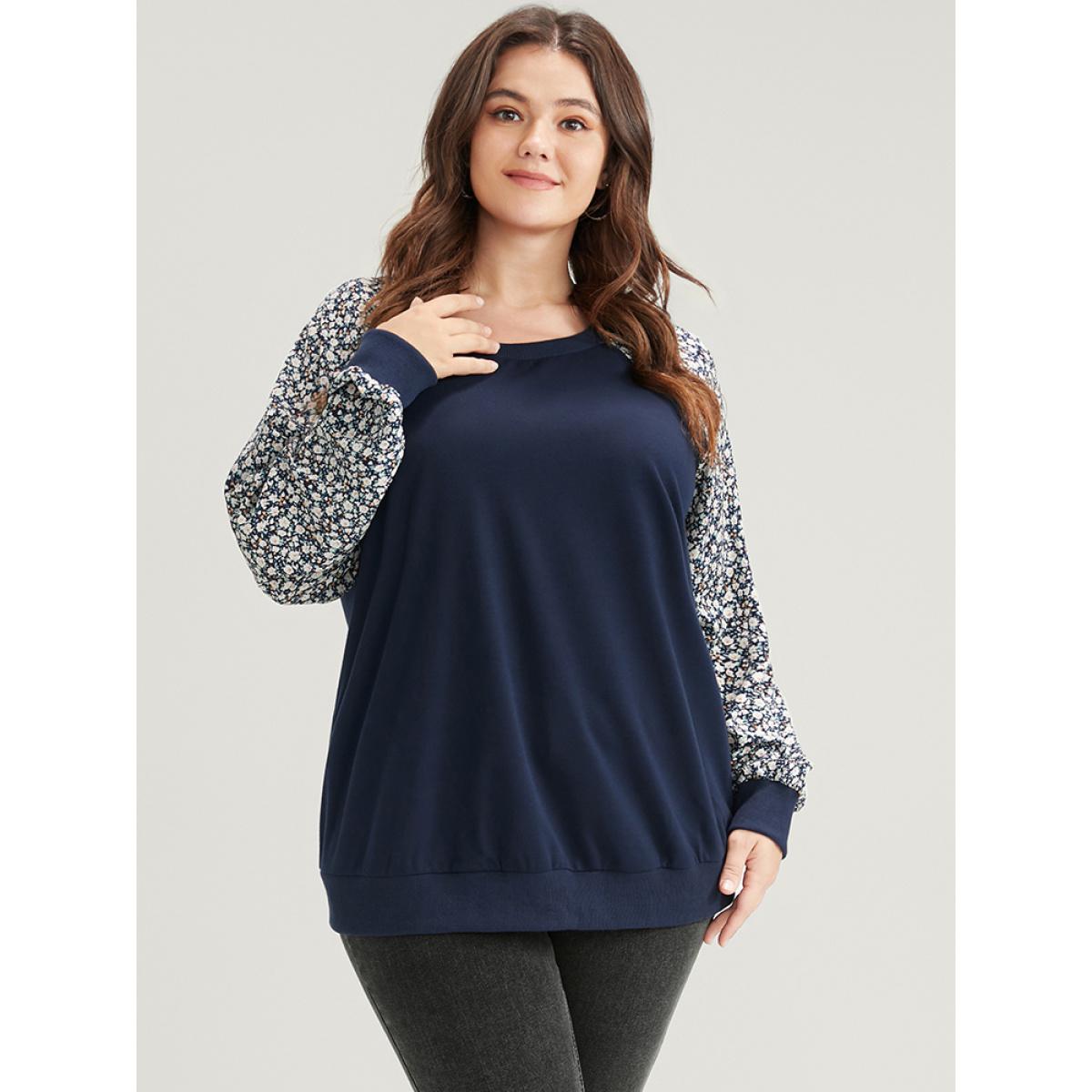 Plus Size Ditsy Floral Patchwork Round Neck Sweatshirt Women Indigo Elegant Patchwork Round Neck Dailywear Sweatshirts BloomChic 26/4X Product Image