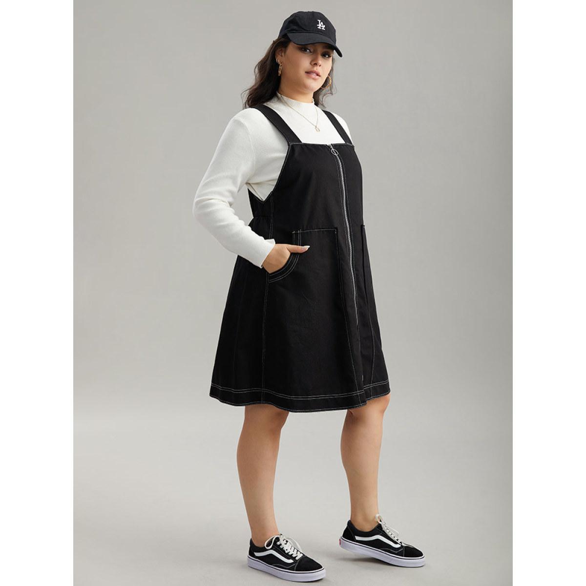 Plus Size Twill O Ring Zipper Pocket Spaghetti Strap Dress Black Women Casual Plain Spaghetti Strap Sleeveless Curvy Midi Dress BloomChic 10/M Product Image