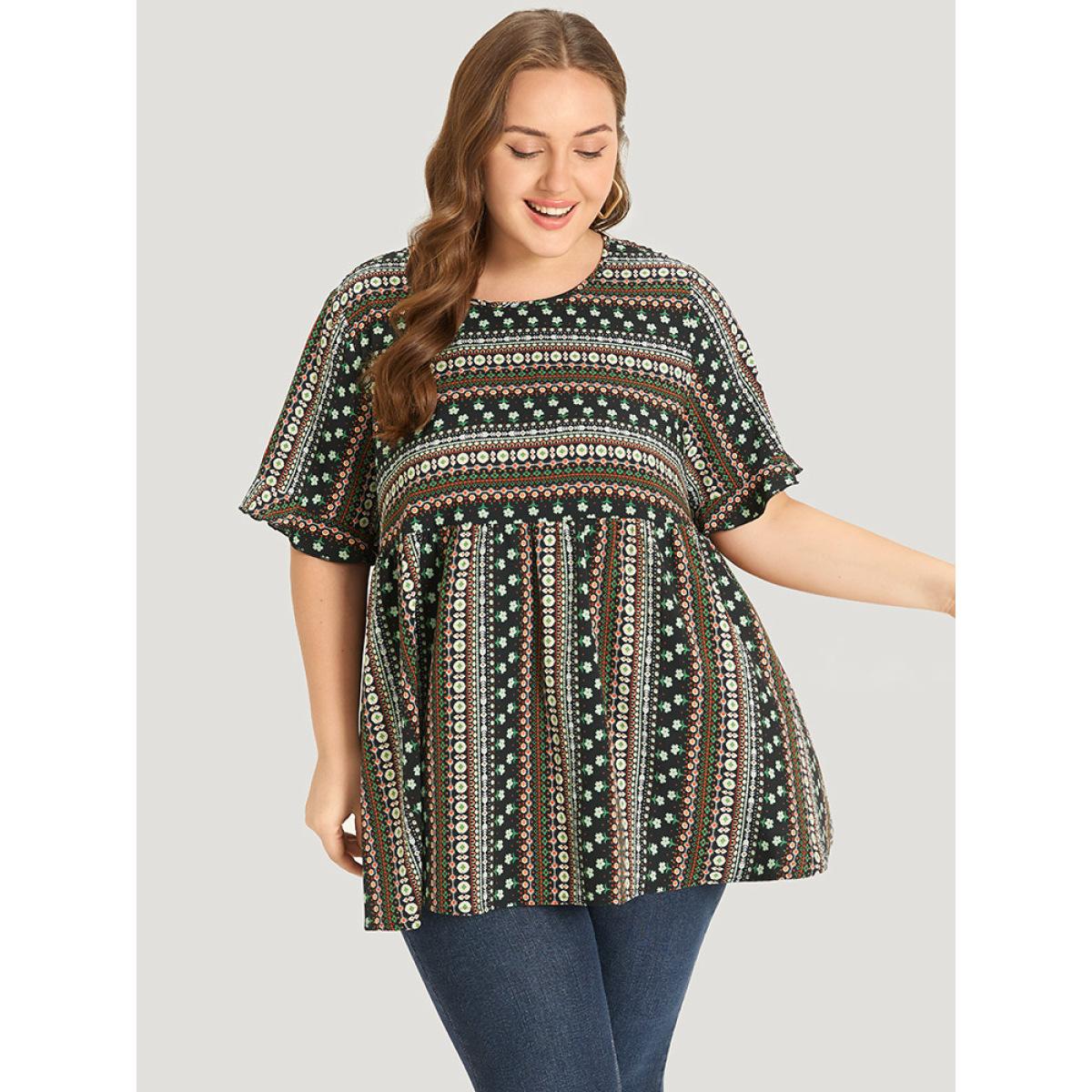 Plus Size Multicolor Bandana Patchwork Ruffle Sleeve Blouse Women Vacation Short sleeve Round Neck Dailywear Blouses BloomChic 30/6X Product Image