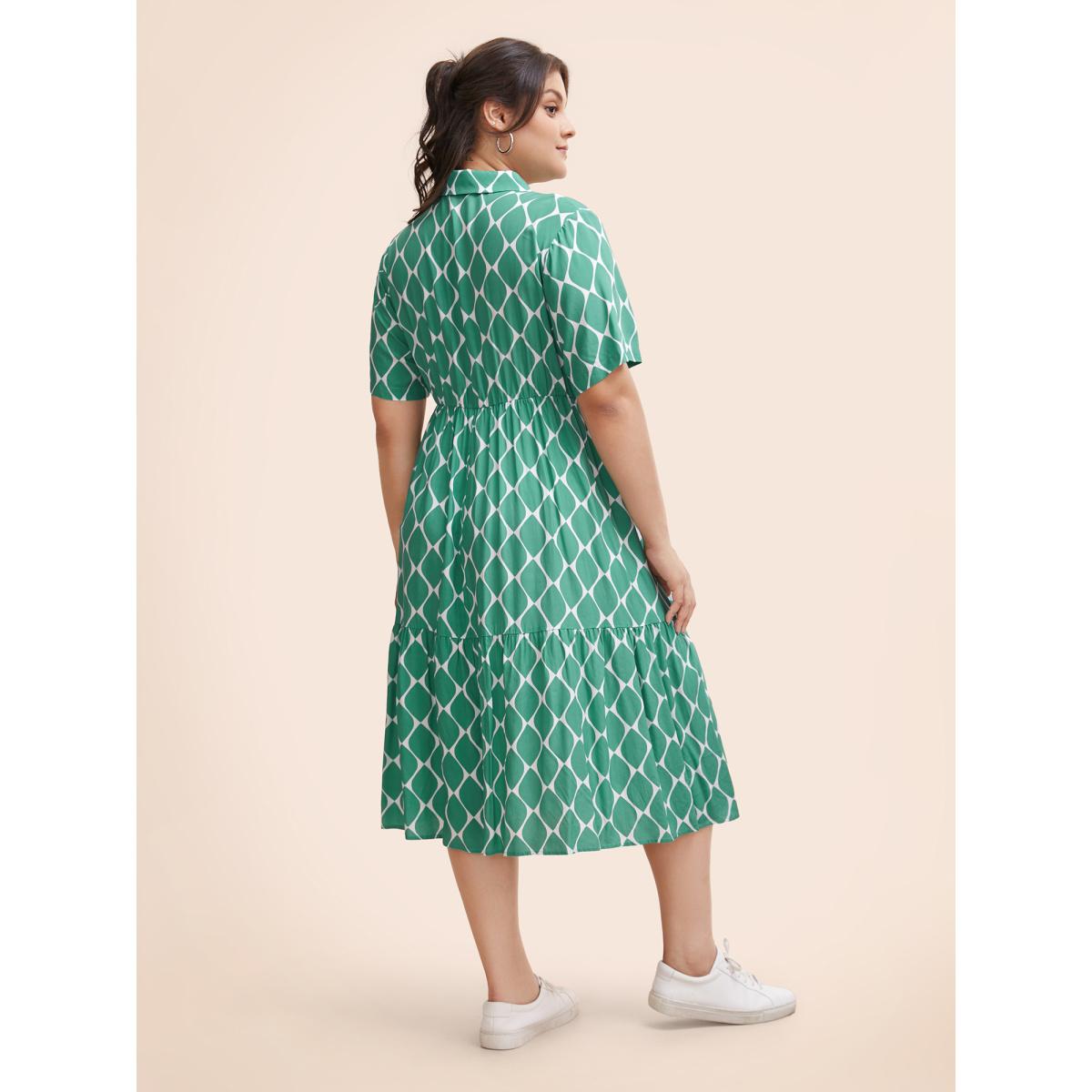 Plus Size Geometric Tiered Elastic Waist Midi Shirt Dress Malachitegreen Women Casual Gathered Shirt collar Short sleeve Curvy BloomChic 14-16/1X Product Image