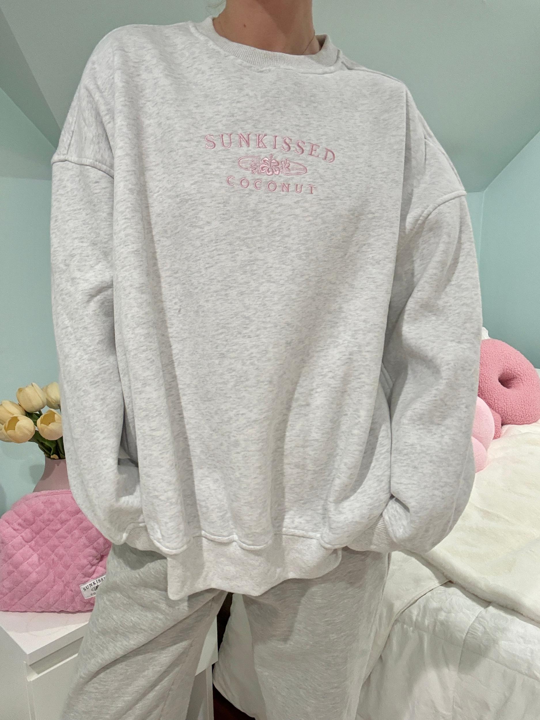 Pearl Grey and Pink Thread Sunkissedcoconut Embroider Sweatshirt Product Image