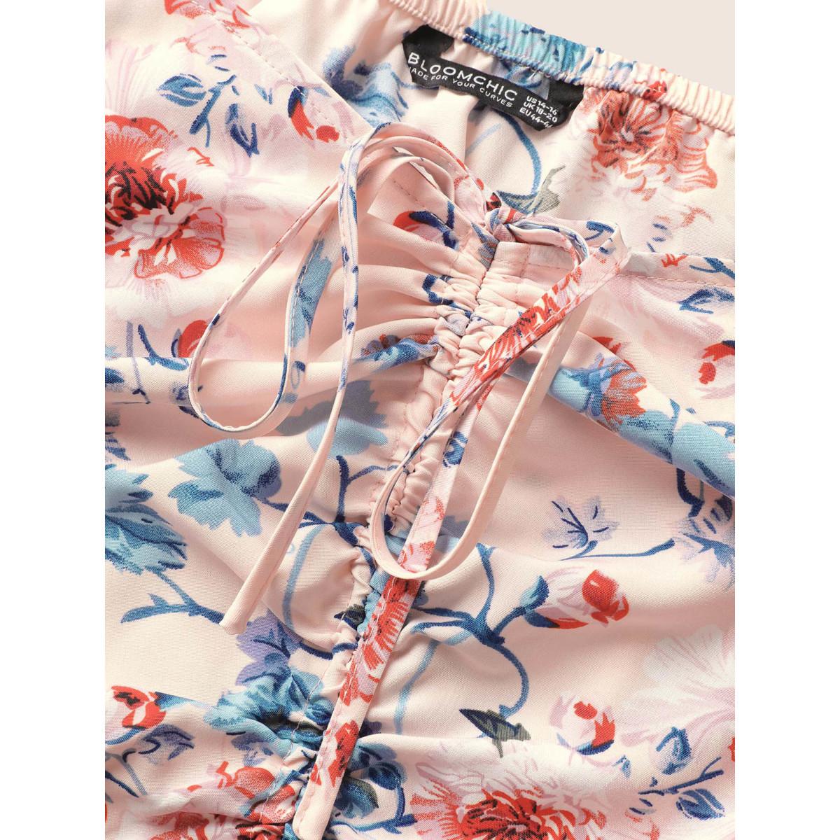 Plus Size Square Neck Floral Print Gathered Drawstring Dress MistyRose Women Elegant Non Square Neck Short sleeve Curvy Midi Dress BloomChic 26/4X Product Image