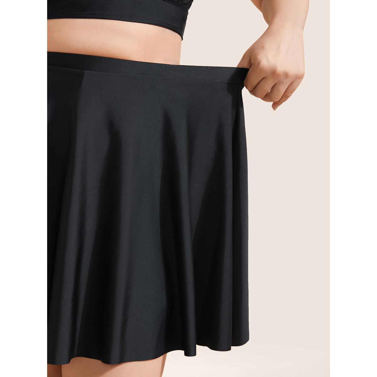 Plus Size Solid Pocket Ruffles Swim Skirt Women's Swimwear Black Resort Non High stretch Bodycon High Rise Slanted pocket Curve Swim Bottoms BloomChic 10/M Product Image