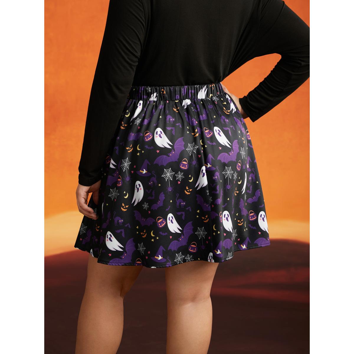 Plus Size Spooky Ghost Printed A-Line Mini Skirt Women Black Cocktail Contrast No stretch Slanted pocket Party Skirts BloomChic 12/L Product Image