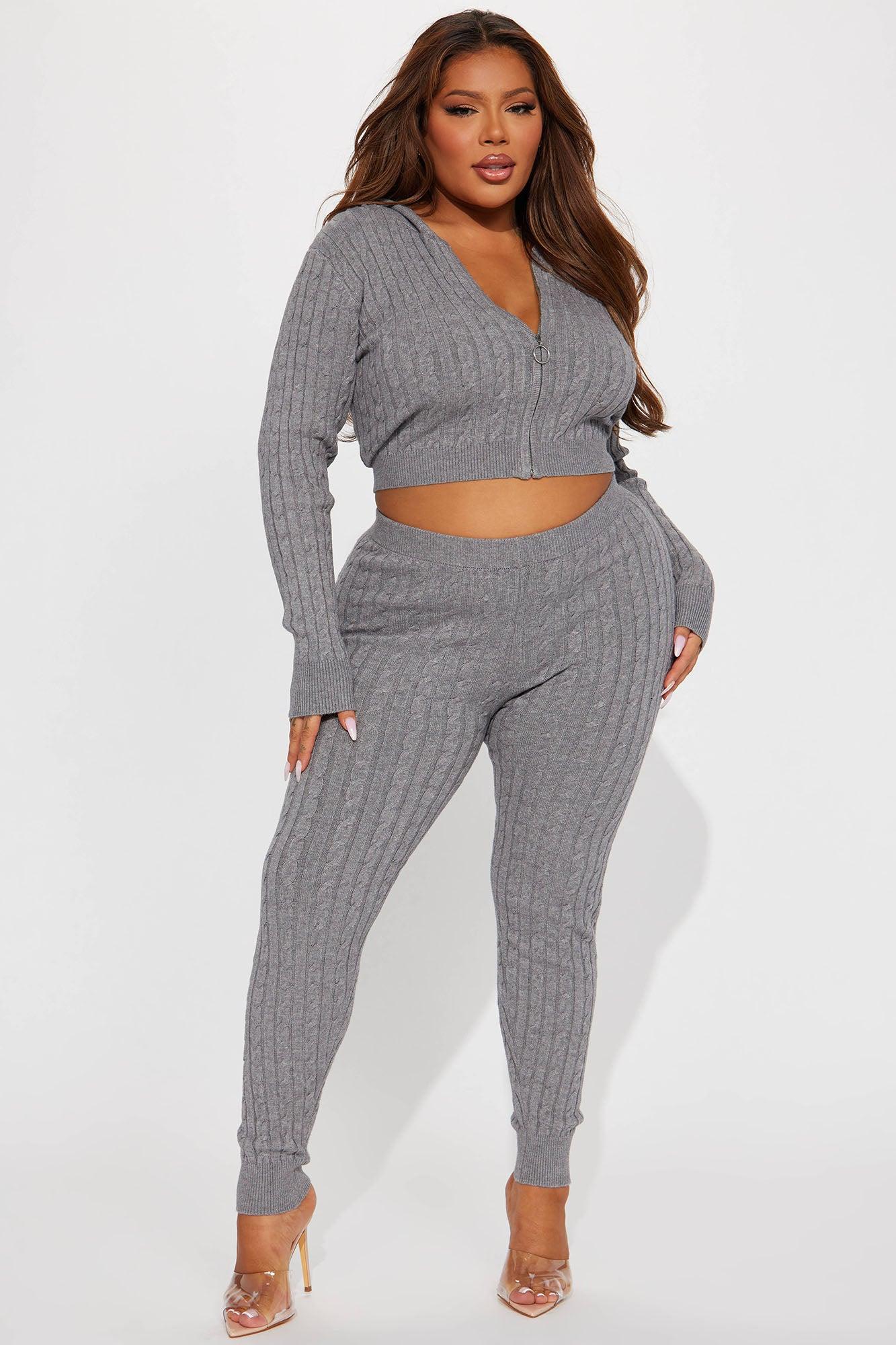 Focused On Me Hooded Cable Knit Legging Set - Heather Grey Product Image