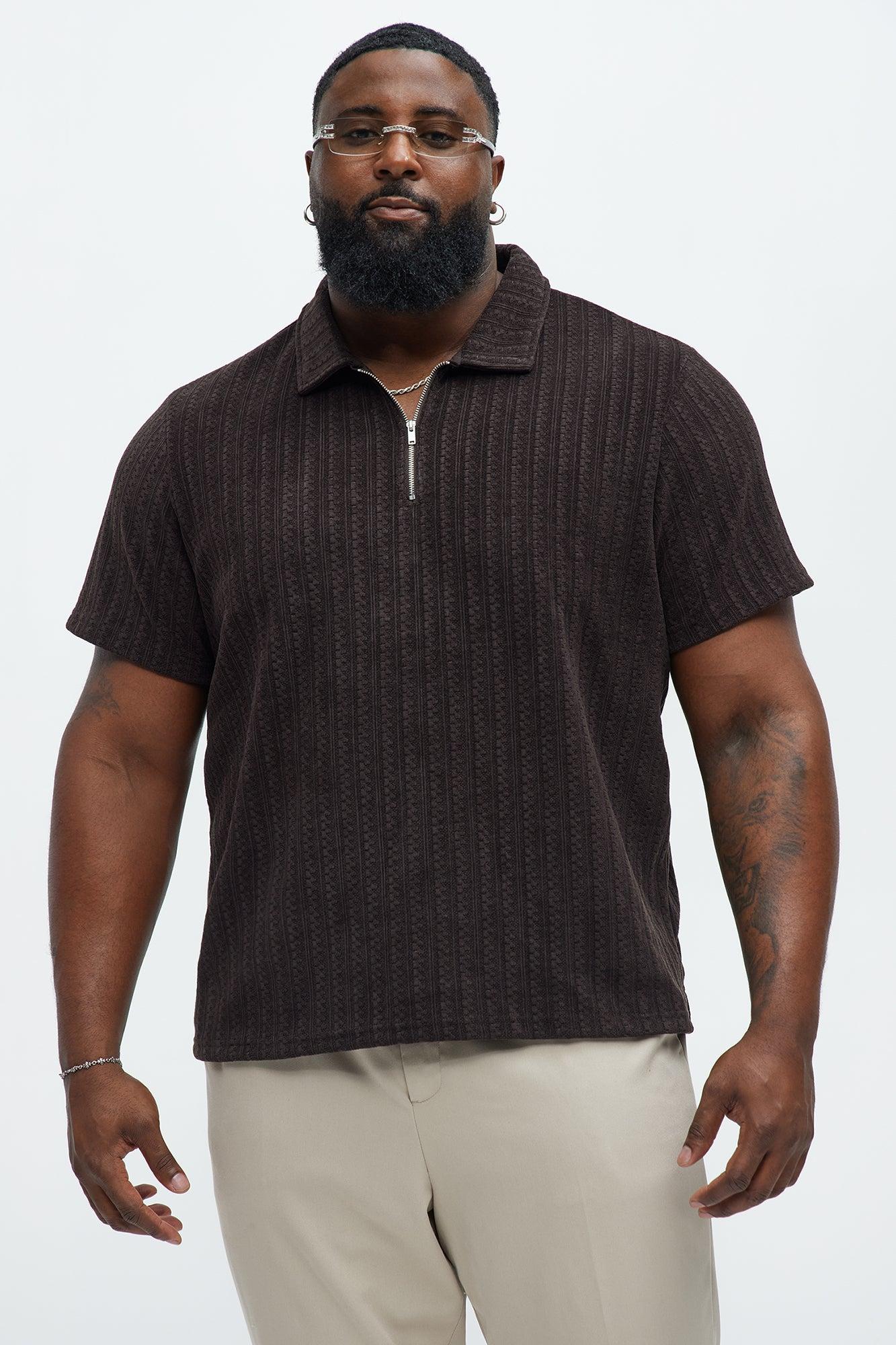 Stripe Texture Quarter Zip Polo Shirt - Chocolate Product Image