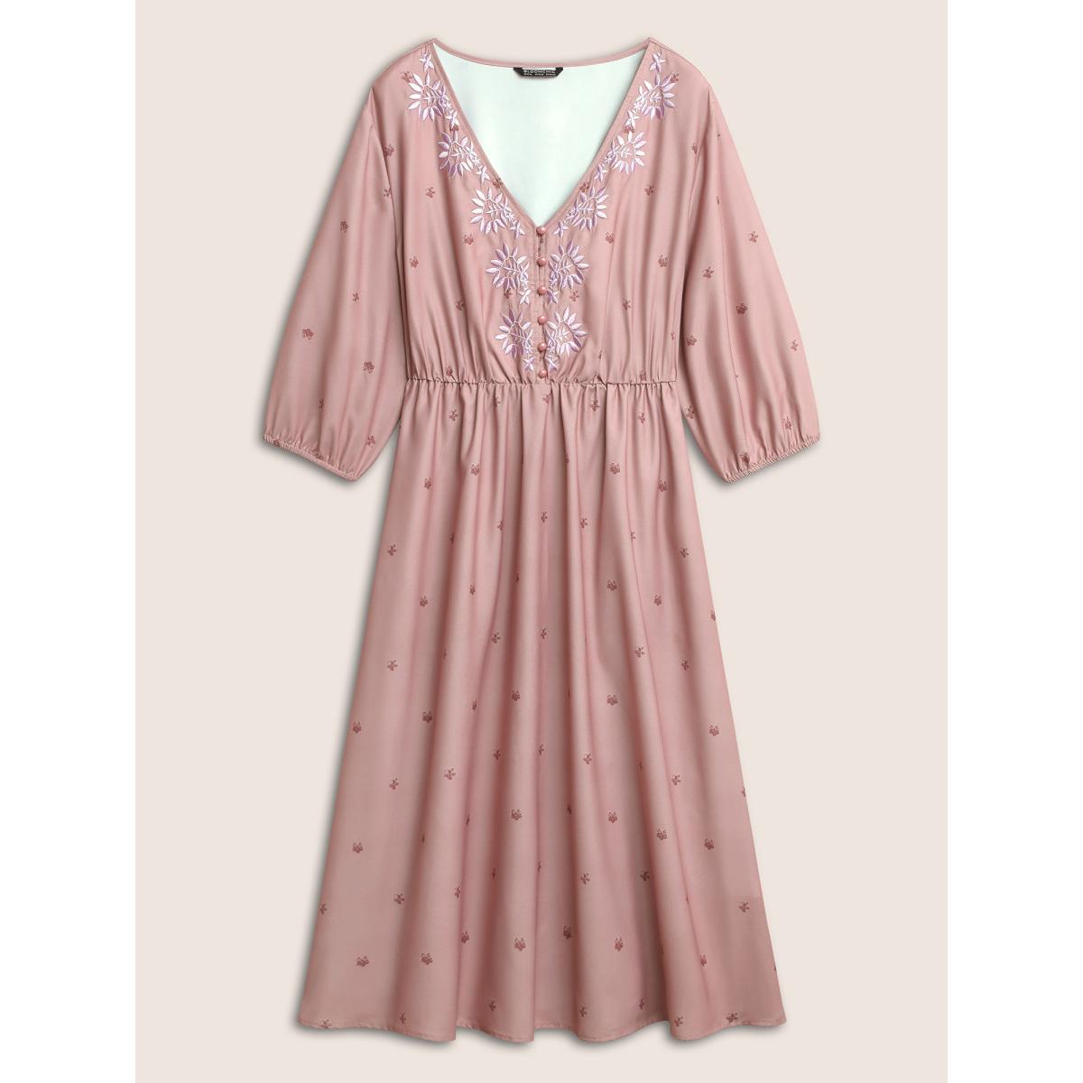 Plus Size Floral Embroidered Button Up Lantern Sleeve Dress DustyPink Women Resort Non V-neck Elbow-length sleeve Curvy Midi Dress BloomChic 26/4X Product Image
