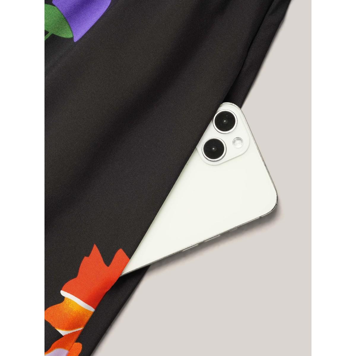 Plus Size Brush Stroke Flowers Notched Collar Dress Black Women Casual Button V-neck Elbow-length sleeve Curvy BloomChic 18-20/2X Product Image