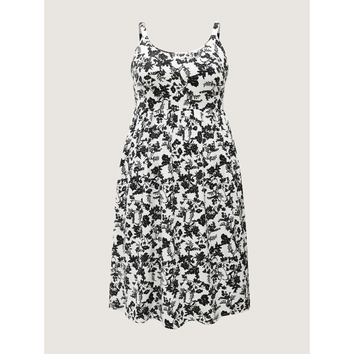 Plus Size Monochrome Florals Shirred Backless Midi Dress Black Women Contrast U-neck Sleeveless Curvy BloomChic 28/5X Product Image