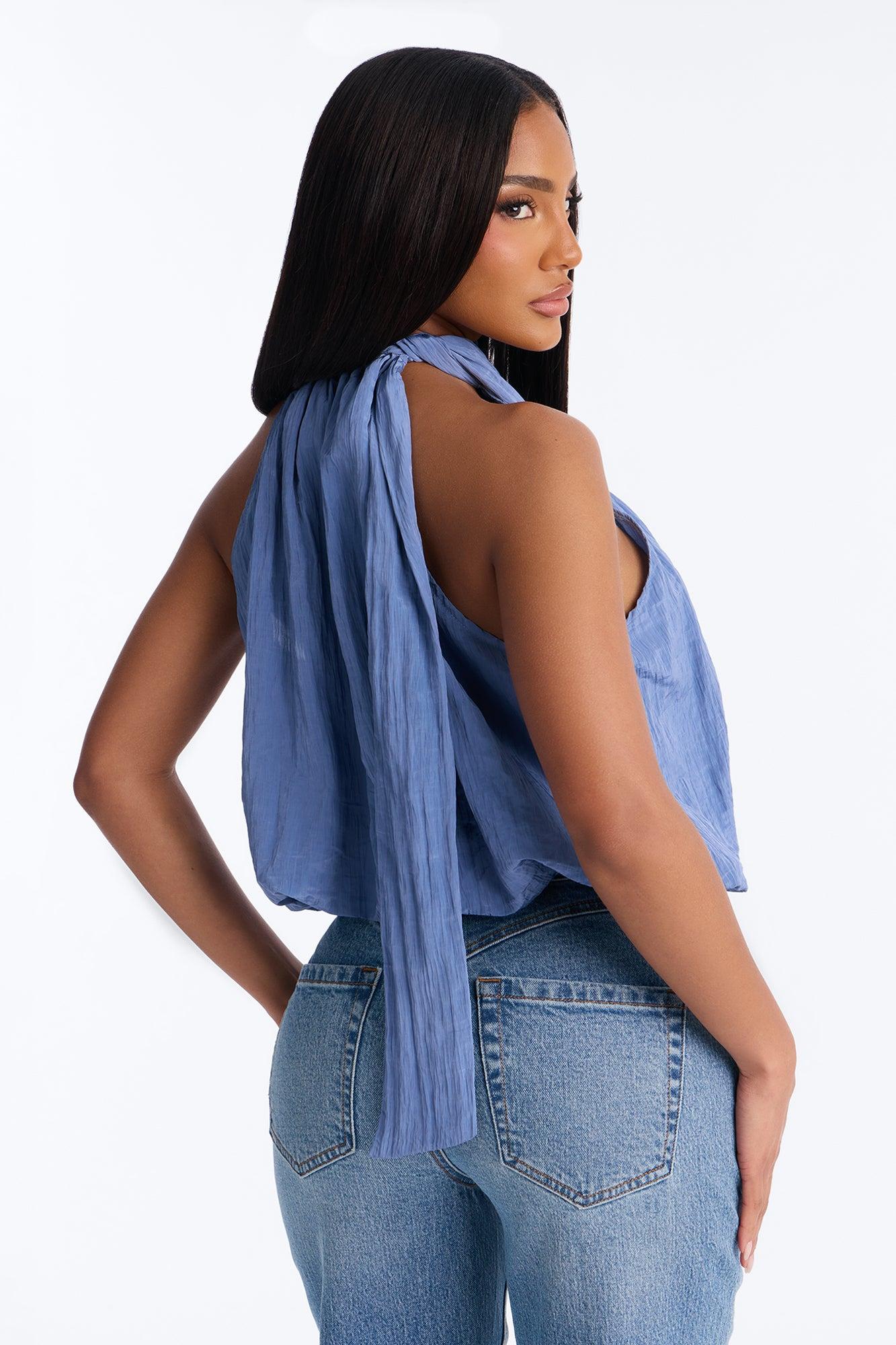 Stay Extra Scarf Plisse Top - Periwinkle Female Product Image