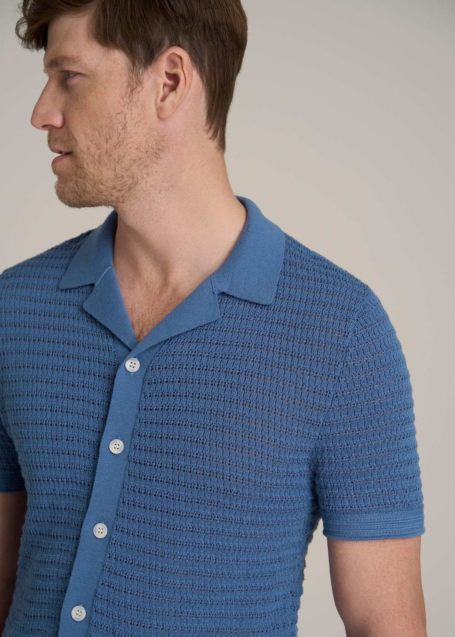 Short Sleeve Crochet Polo Cardigan for Tall Men in Deep Cobalt Male Product Image