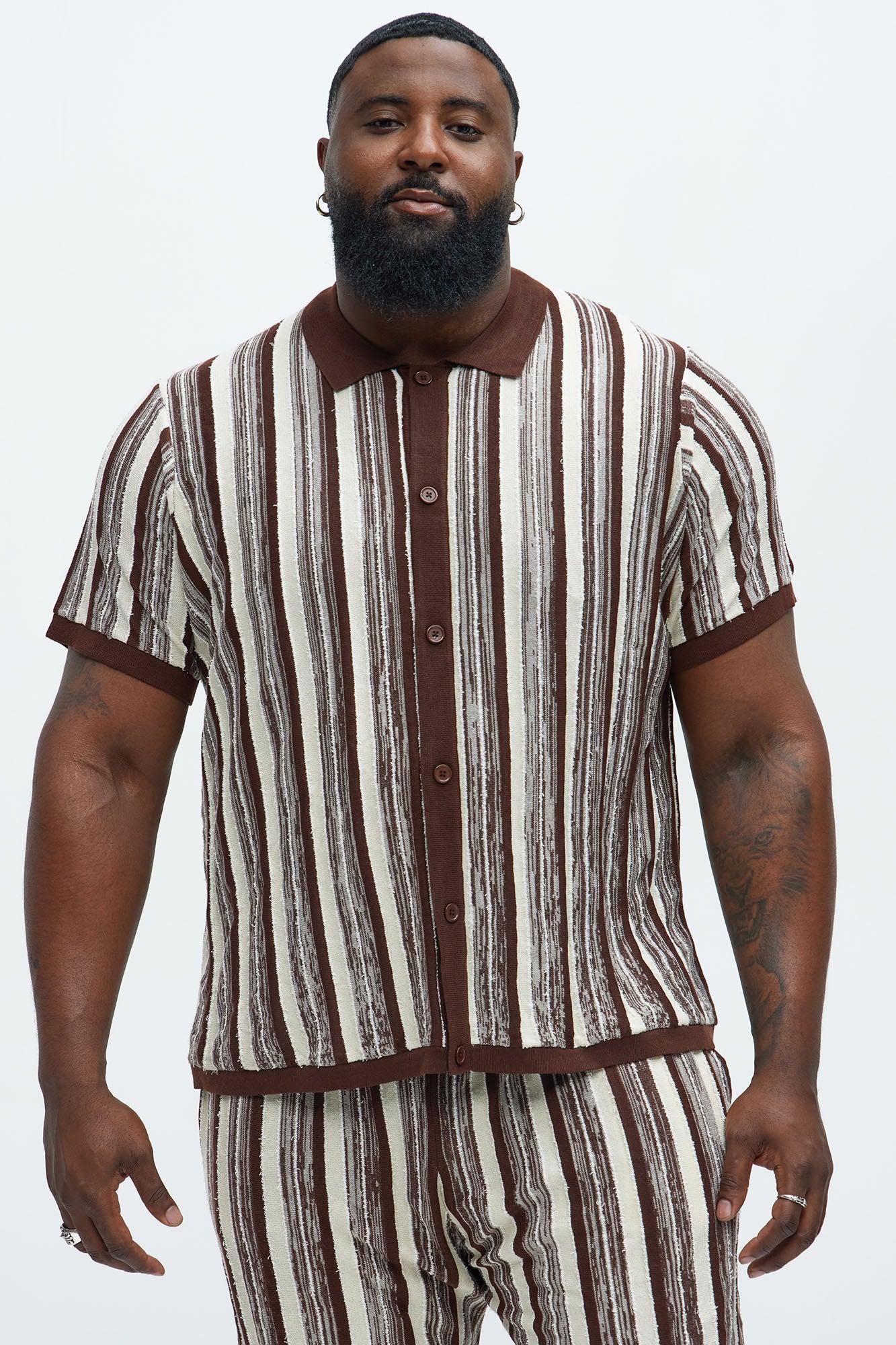 Textured Stripes Knitted Shirt - Brown Combo Product Image