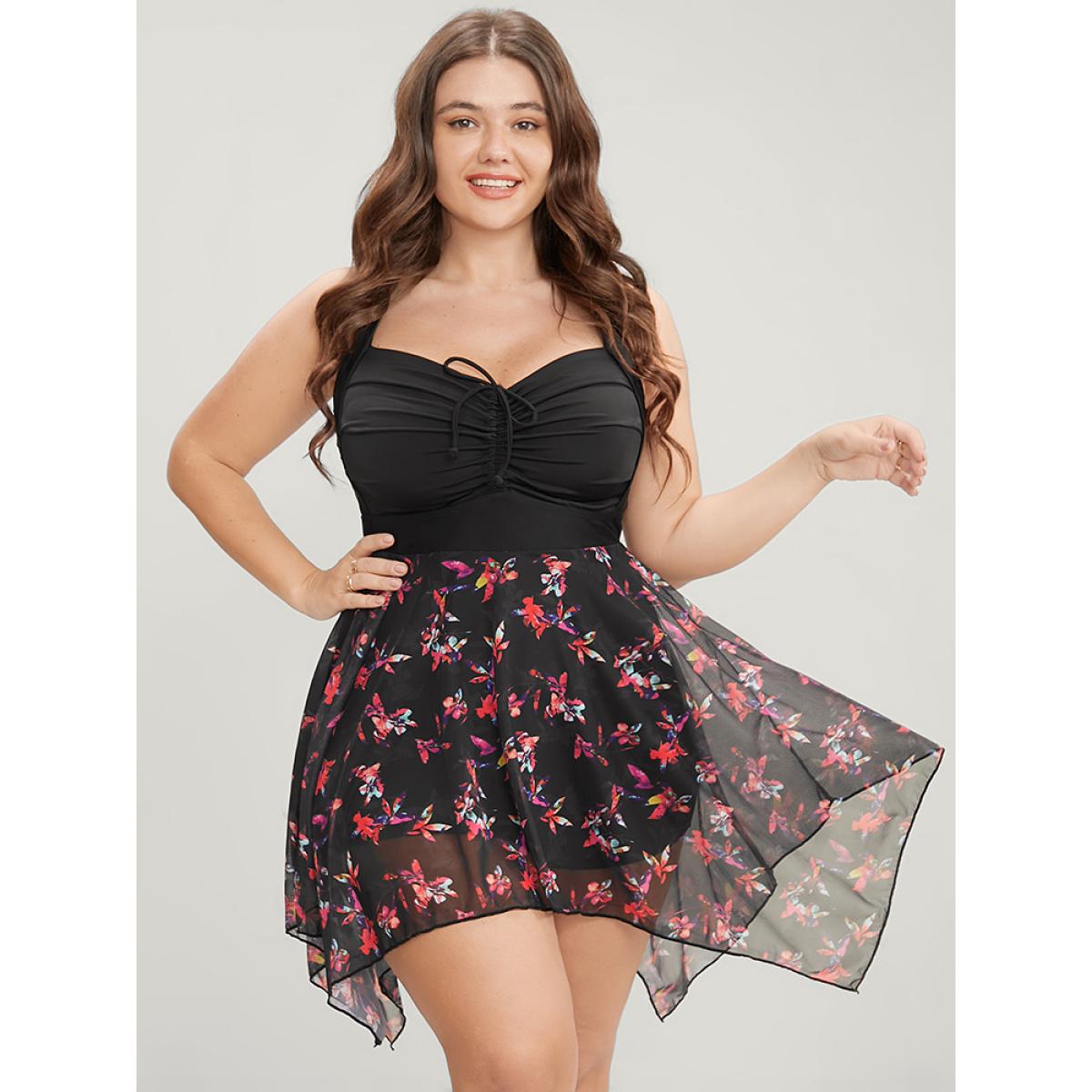 Mesh Adjustable Straps Plus Size Women Tropical Swim Dress Very Stretchy Bodycon Sleeveless V Neck Vacation Swim Dresses BloomChic Product Image