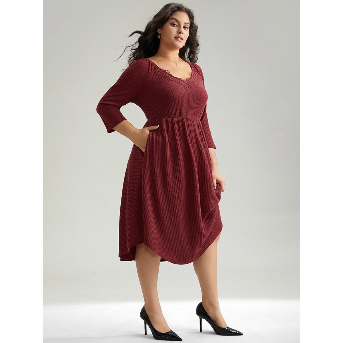 Plus Size Solid Rib Knit Lace Insert Dress Burgundy Women Elegant Rib Knit V-neck Long Sleeve Curvy Midi Dress BloomChic 18-20/2X Product Image
