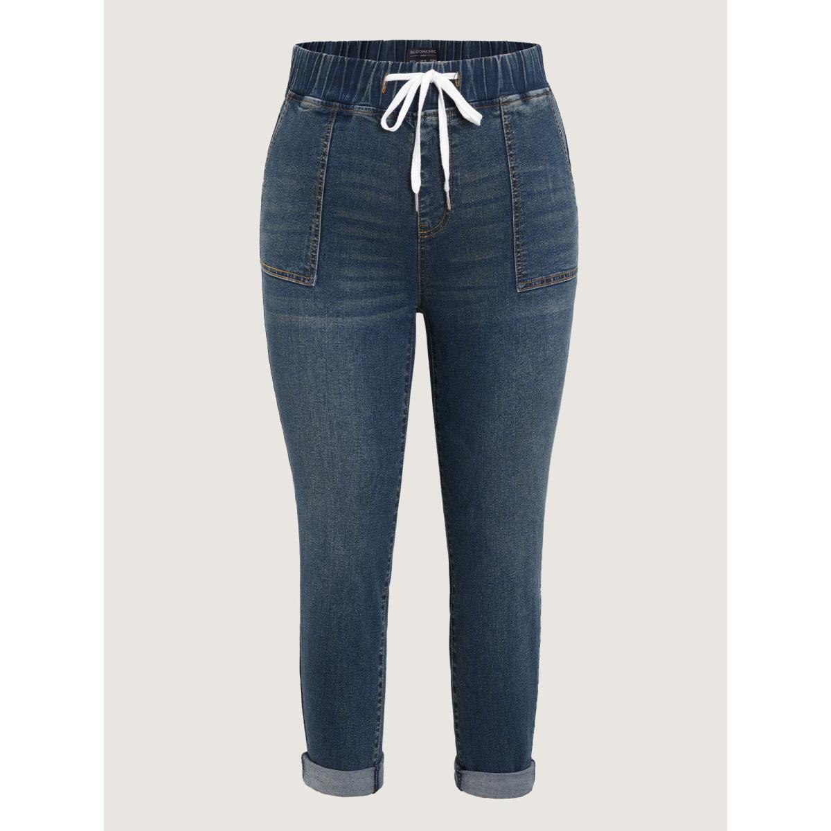 Plus Size Drawstring Elastic Waist Roll Hem Jeans Women DarkBlue Leisure Plain Drawstring High stretch Slanted pocket Jeans BloomChic 20/2X Product Image