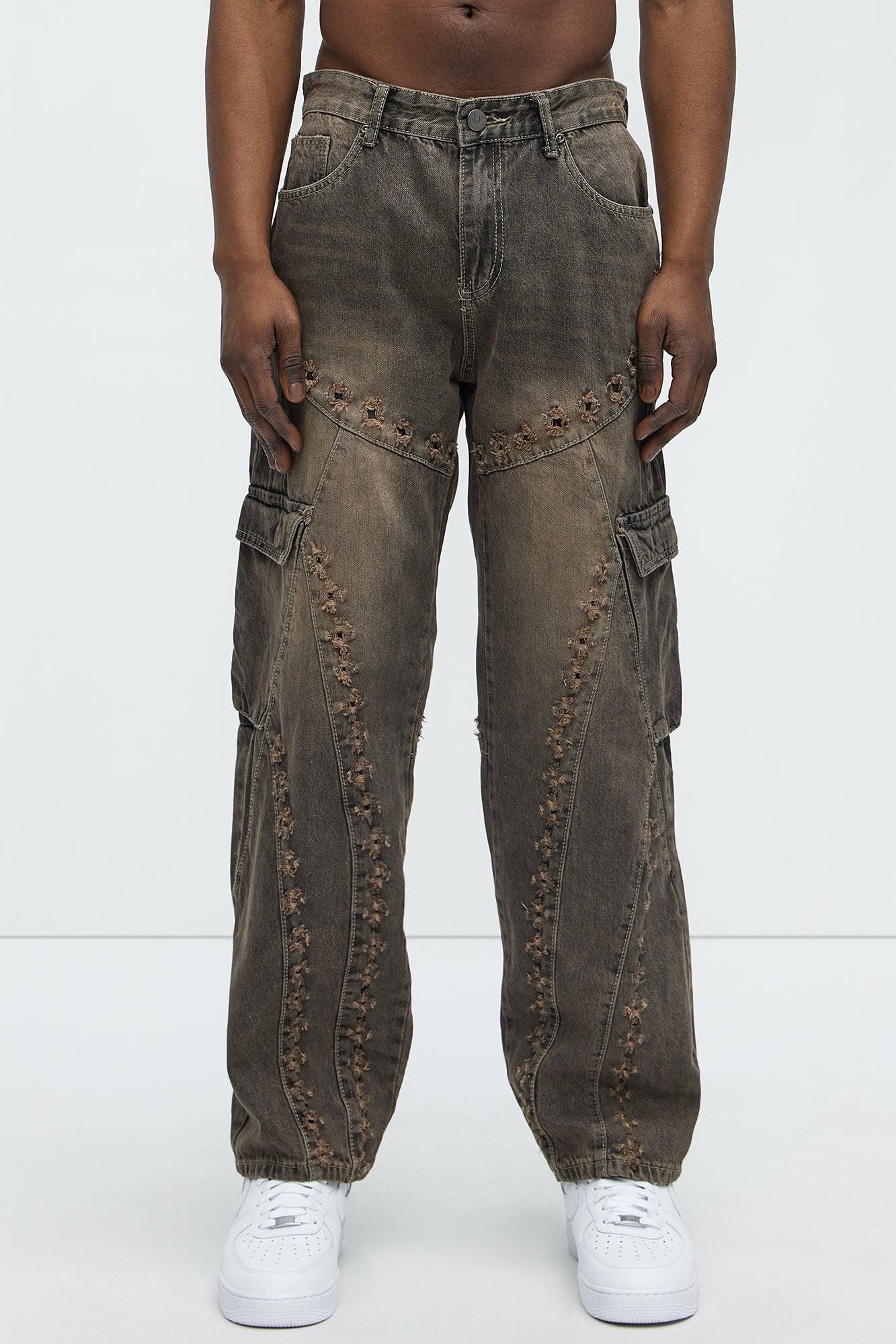Baggy Distressed Eyelets Cargo Jeans - Brown Product Image