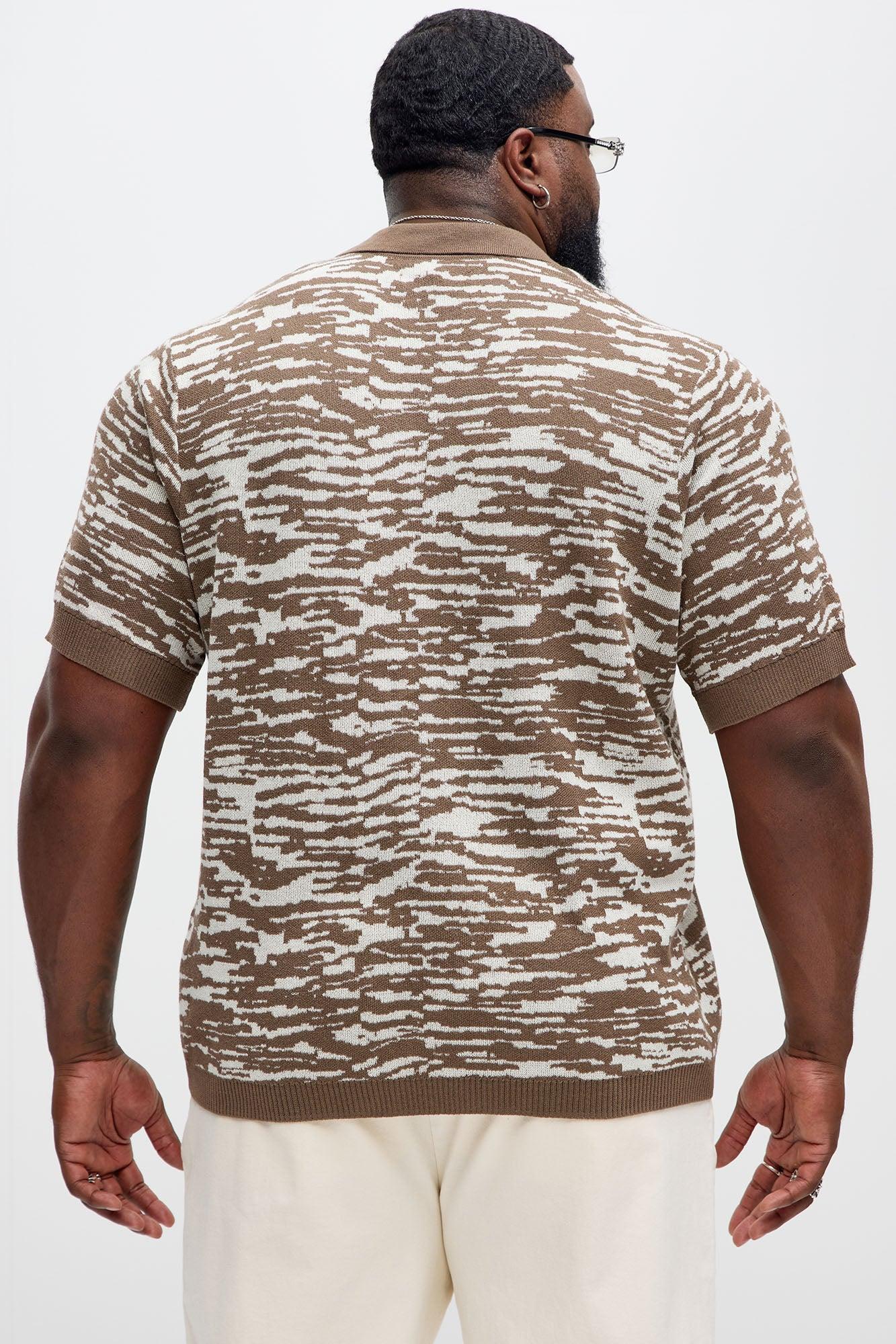 Zebra Pattern Knit Button Down Shirt - Brown Combo Product Image