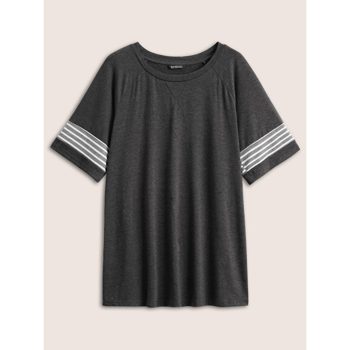 Plus Size Striped Contrast Raglan Sleeve Crew Neck T-shirt Black Women Casual Plain Everyday T-shirts BloomChic 26/4X Product Image