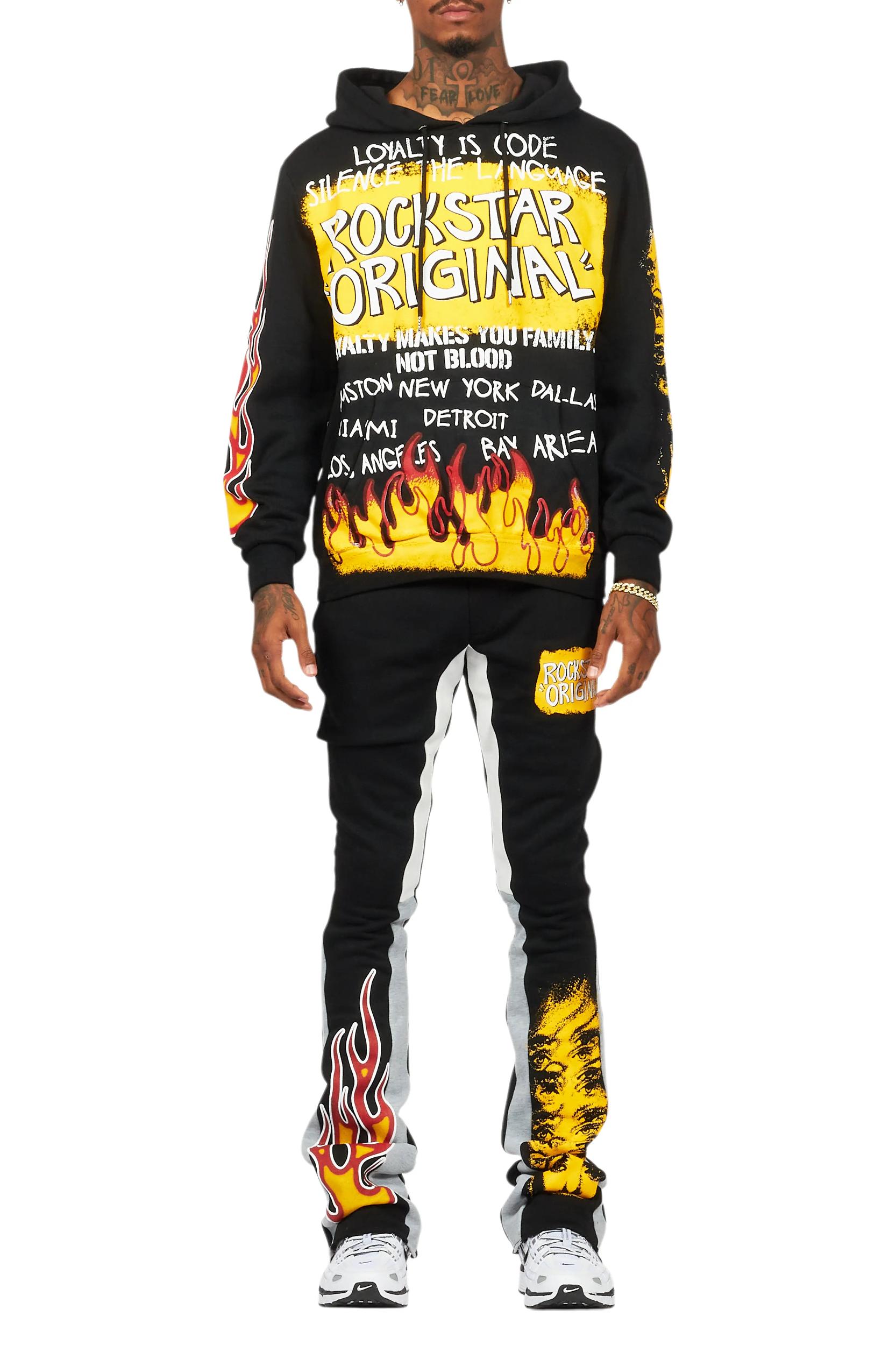 Beno Black/Yellow Stacked Flare Hoodie Track Set Male Product Image