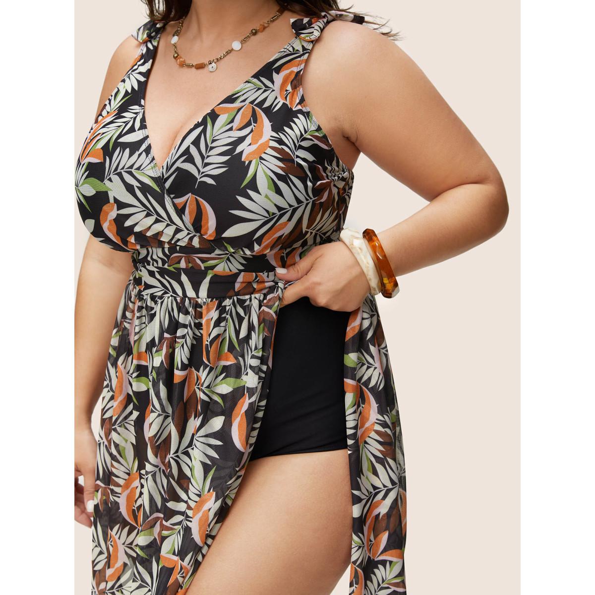 Plus Size Tropical Print Gathered Split Hem Swim Dress Women's Swimwear Black Beach Bodycon V-neck High stretch Curve Swim Dresses BloomChic 14-16/1X Product Image