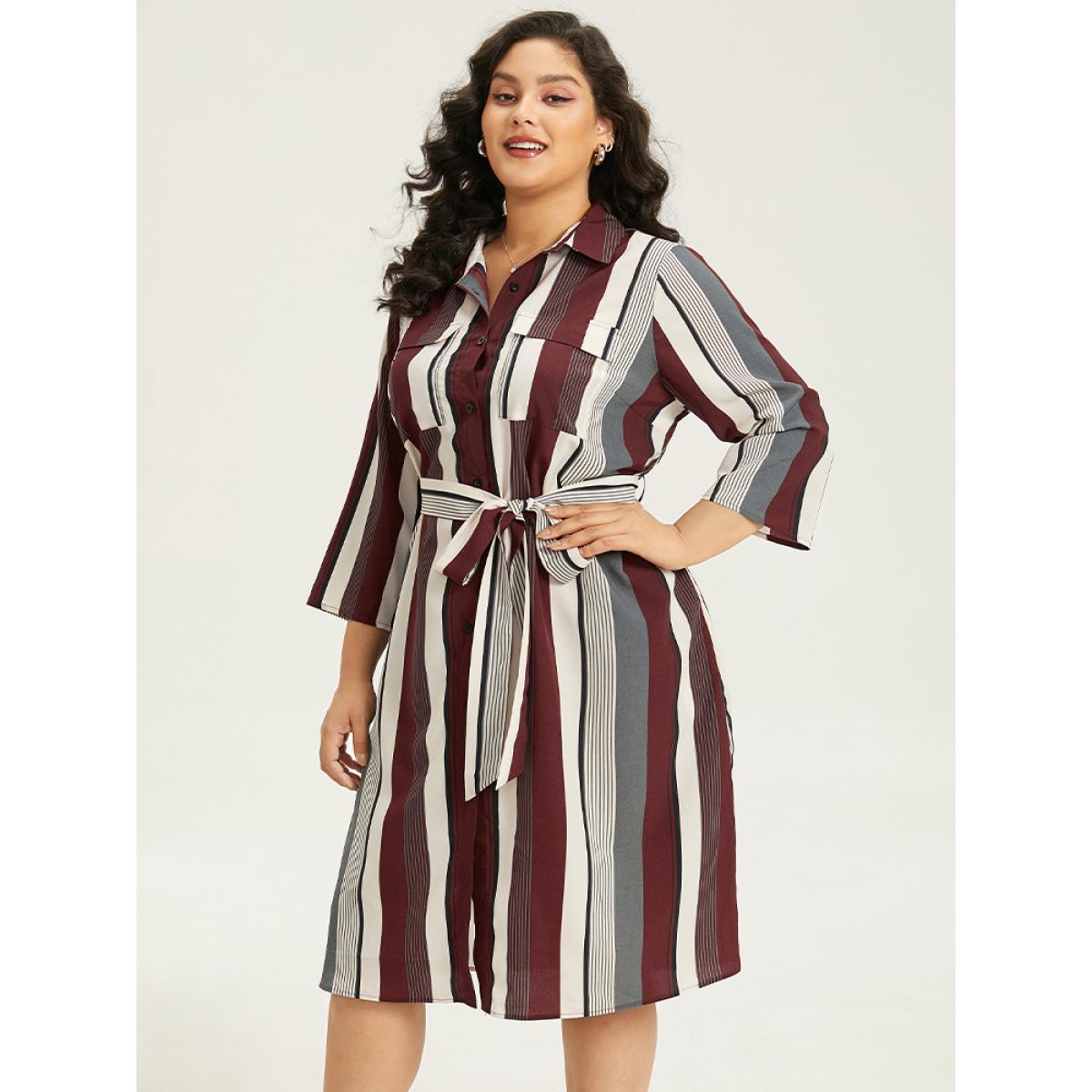 Plus Size Striped Contrast Pocket Button Through Belted Shirt Collar Dress Multicolor Women Work From Home Belted Shirt collar Elbow-length sleeve Curvy Midi Dress BloomChic 30/6X Product Image