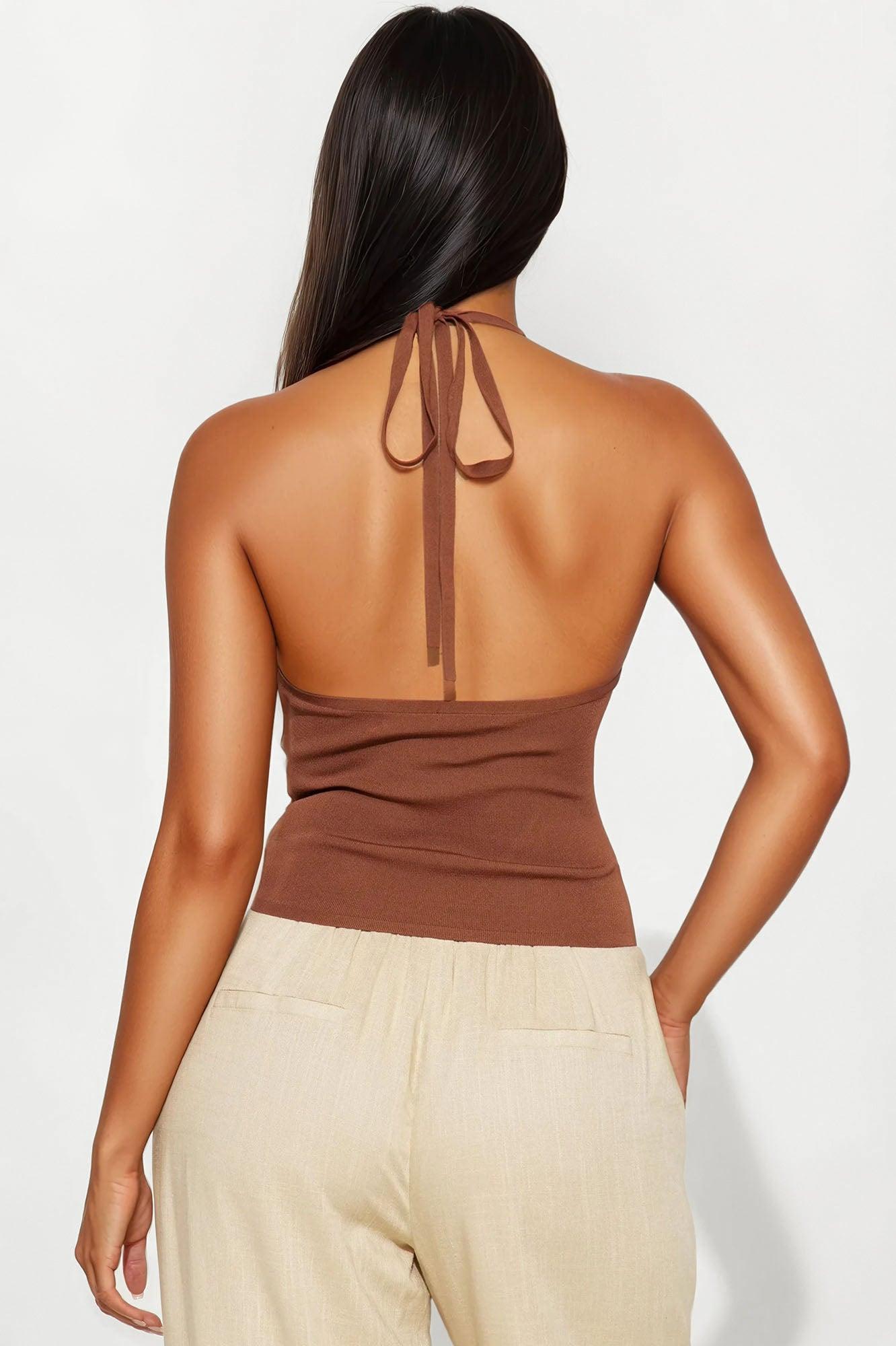 Find Me By The Seashore Beaded Halter Top - Chocolate Product Image