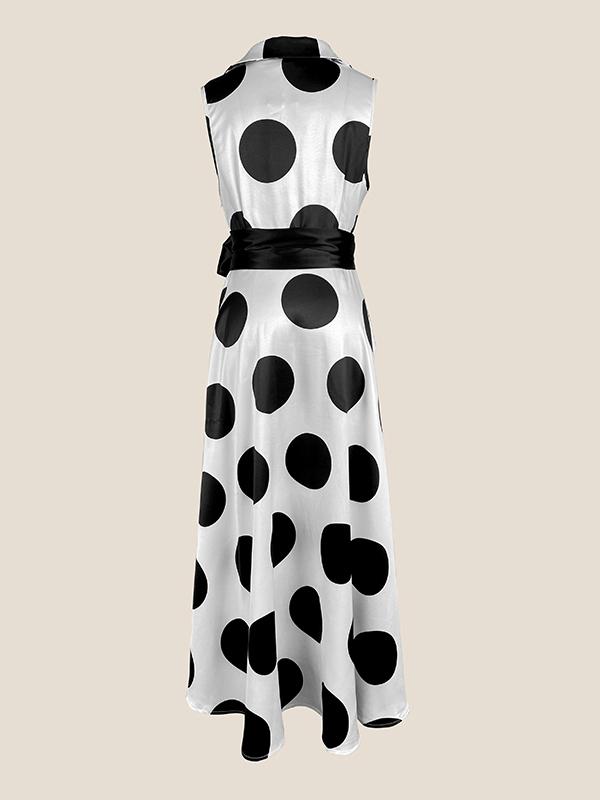 A-Line Sleeveless Polka-Dot Split-Joint Tied Waist Lapel Maxi Dresses Shirt Dress Product Image