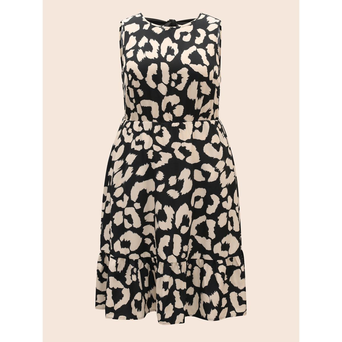 Plus Size Leopard Print Back Tie Knot Tank Dress Black Women At the Office Tie knot Round Neck Sleeveless Curvy BloomChic 26/4X Product Image