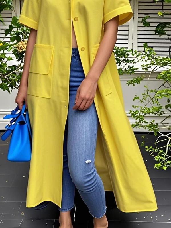 Loose Short Sleeves Buttoned Pockets Solid Color Stand Collar Blouse Outerwear Midi Dress Product Image