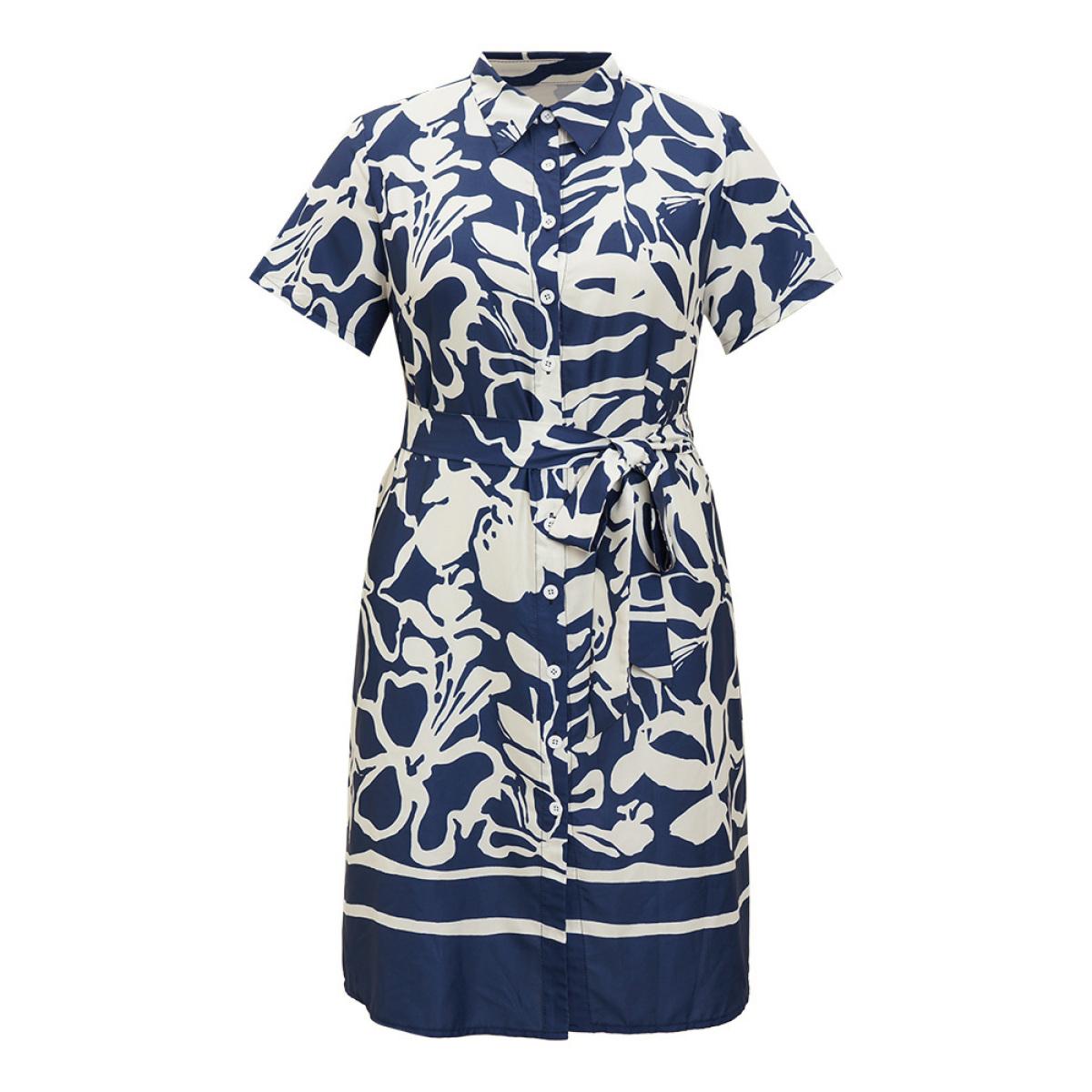 Plus Size Geometric Print Flutter Pocket Belt Shirt Collar Dress DarkBlue Women Elegant Lapel Collar Short sleeve Curvy Knee Dress BloomChic 30/6X Product Image